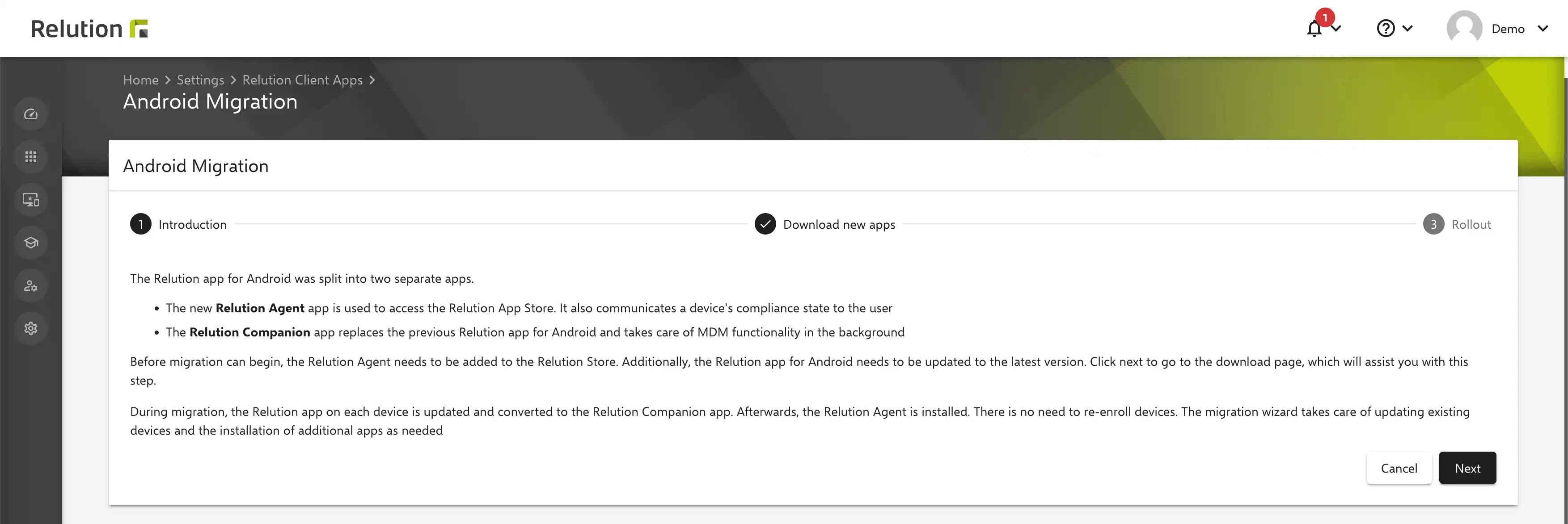 Display in Relution outlining the steps and key considerations for migrating Android devices from the old Relution Client to the new apps, along with the workflow overview prior to migration.