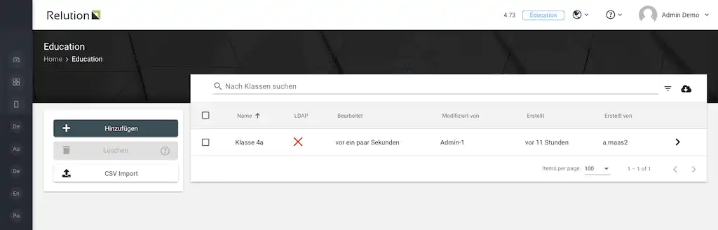 Relution-Oberfläche mit dem ersten Schritt zur Erstellung einer Klasse, um Tablets von Schülern über die Apple Classroom App verwalten zu können