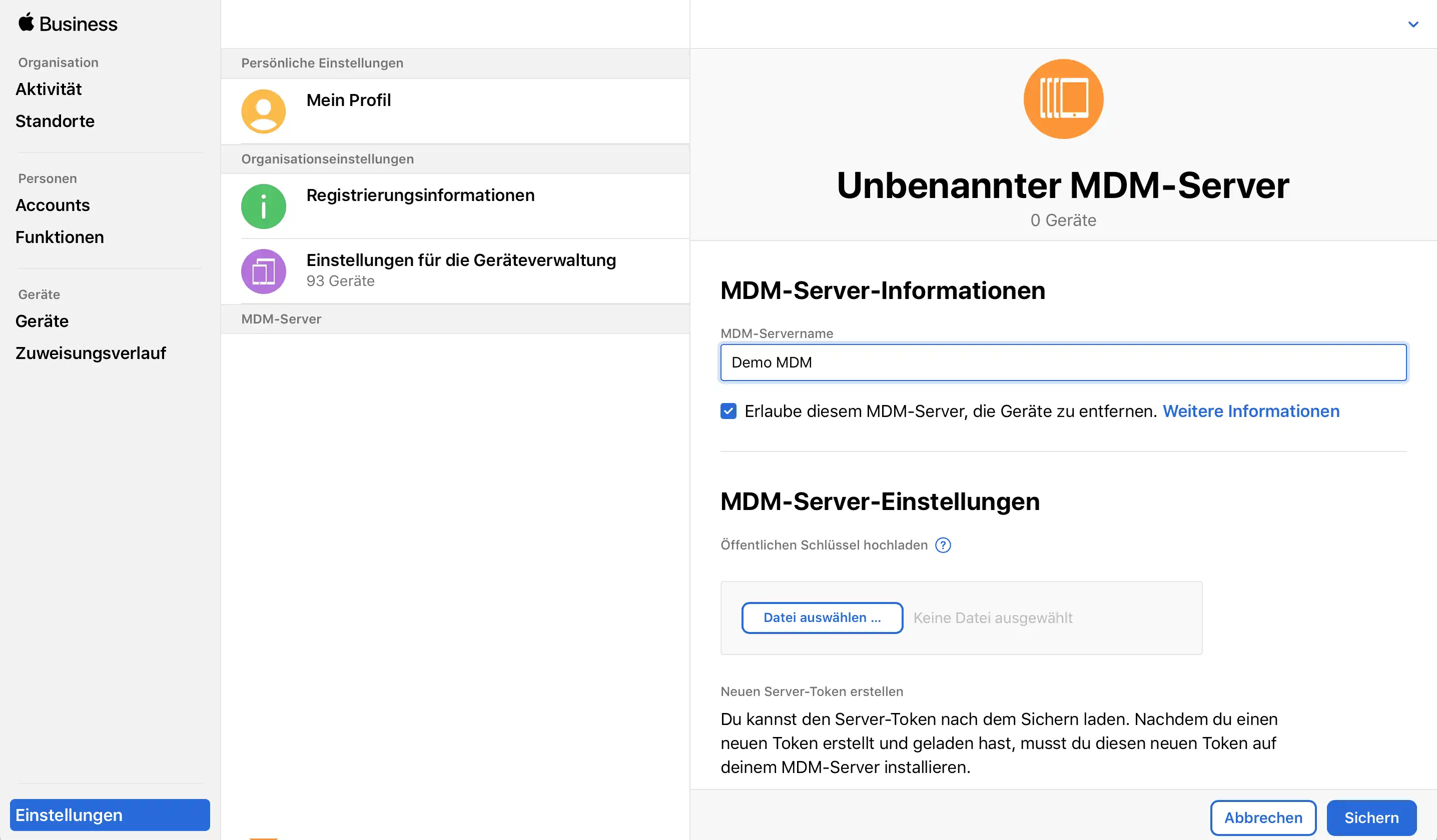 Ansicht im Apple School Manager mit der Option, ein heruntergeladenes Zertifikat hochzuladen und einen neuen MDM-Server mit passender Bezeichnung anzulegen