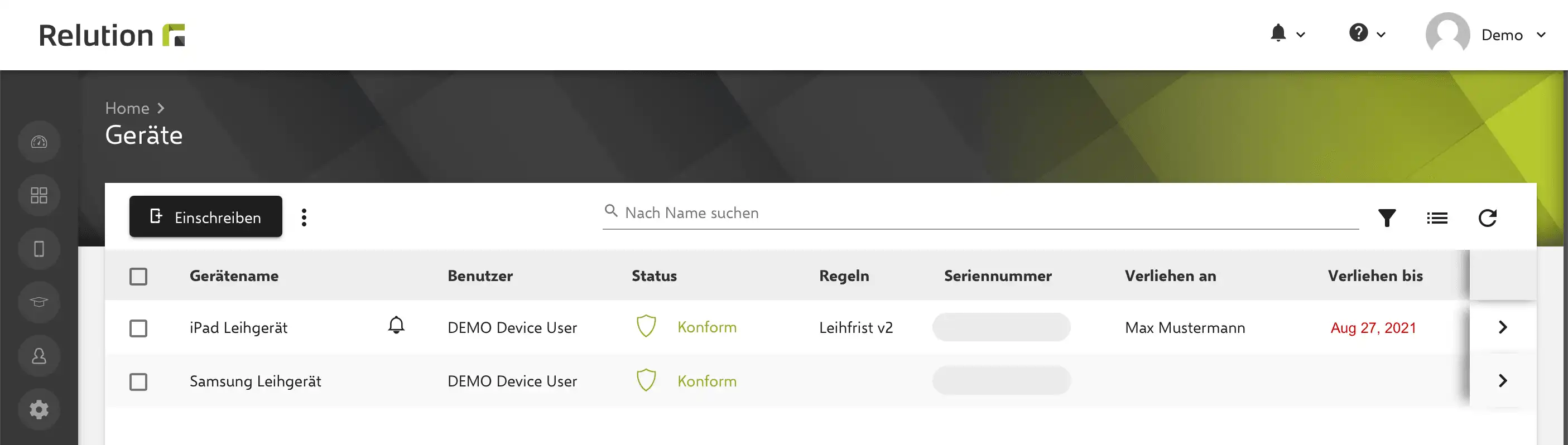 Inventarübersicht in Relution mit rot markierter Datumsangabe „Verliehen bis“ für ein Gerät mit überschrittener Leihfrist