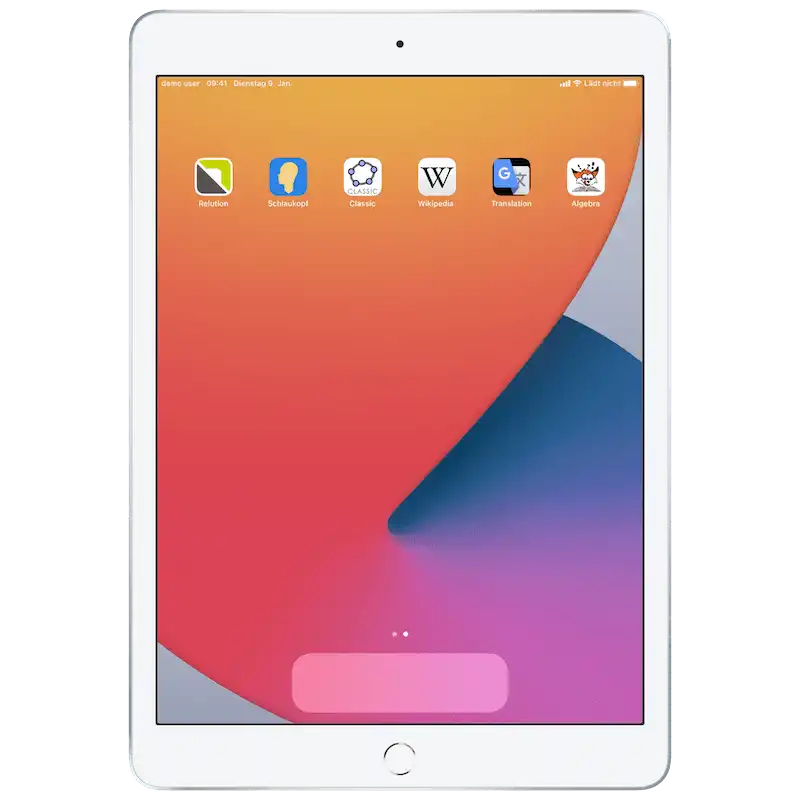 Schermo iniziale di un iPad con le icone delle app installate fornite tramite distribuzione automatica dopo l’accesso con l’ID Apple gestito corrispondente