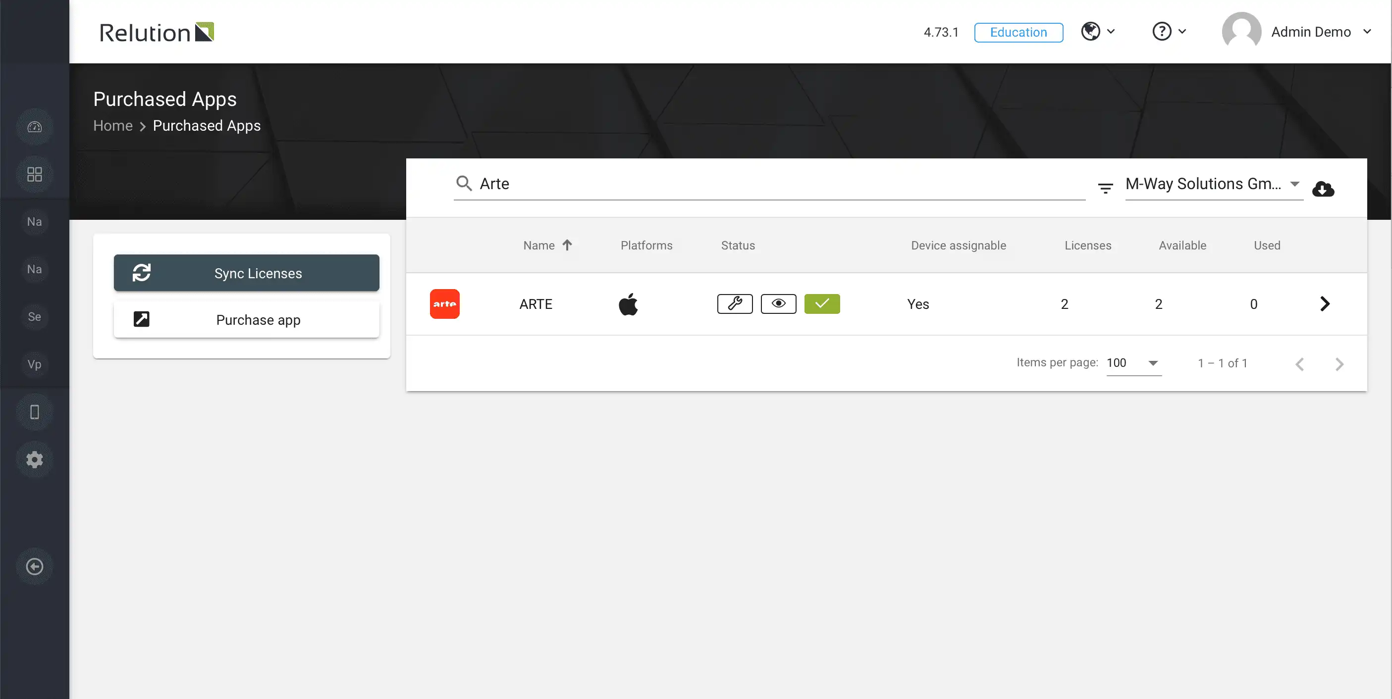 Image of the "Required Apps" configuration in Relution with an example search for "Arte" and its display in the overview