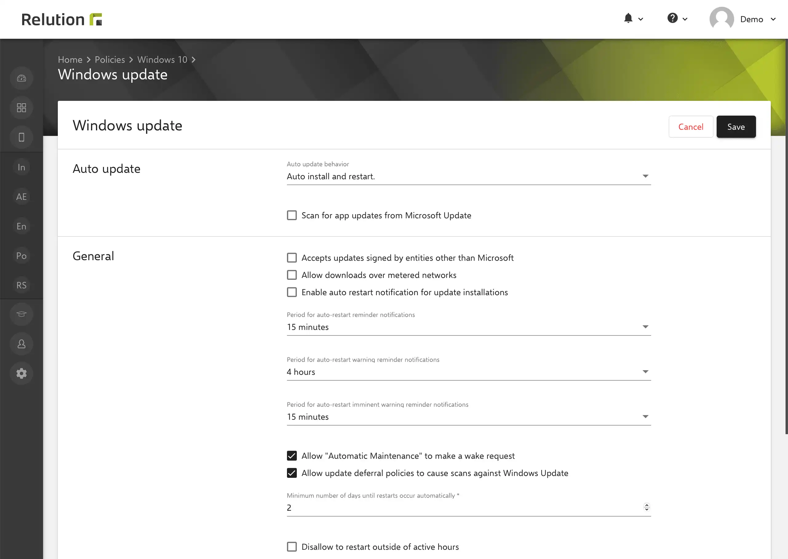 Gestione degli aggiornamenti di Windows in Relution con opzioni per l'installazione automatica o manuale degli aggiornamenti del sistema operativo