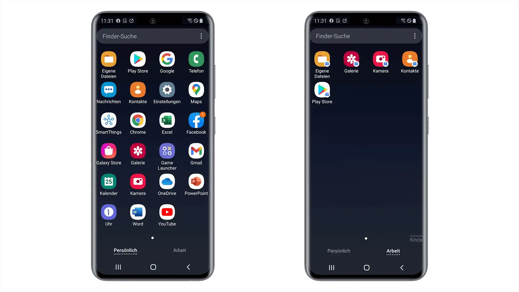 Darstellung der Bildschirmaufteilung in Relution auf Android-Geräten mit den Bereichen „Persönlich“ und „Arbeit“ und Umschaltoption am unteren Displayrand