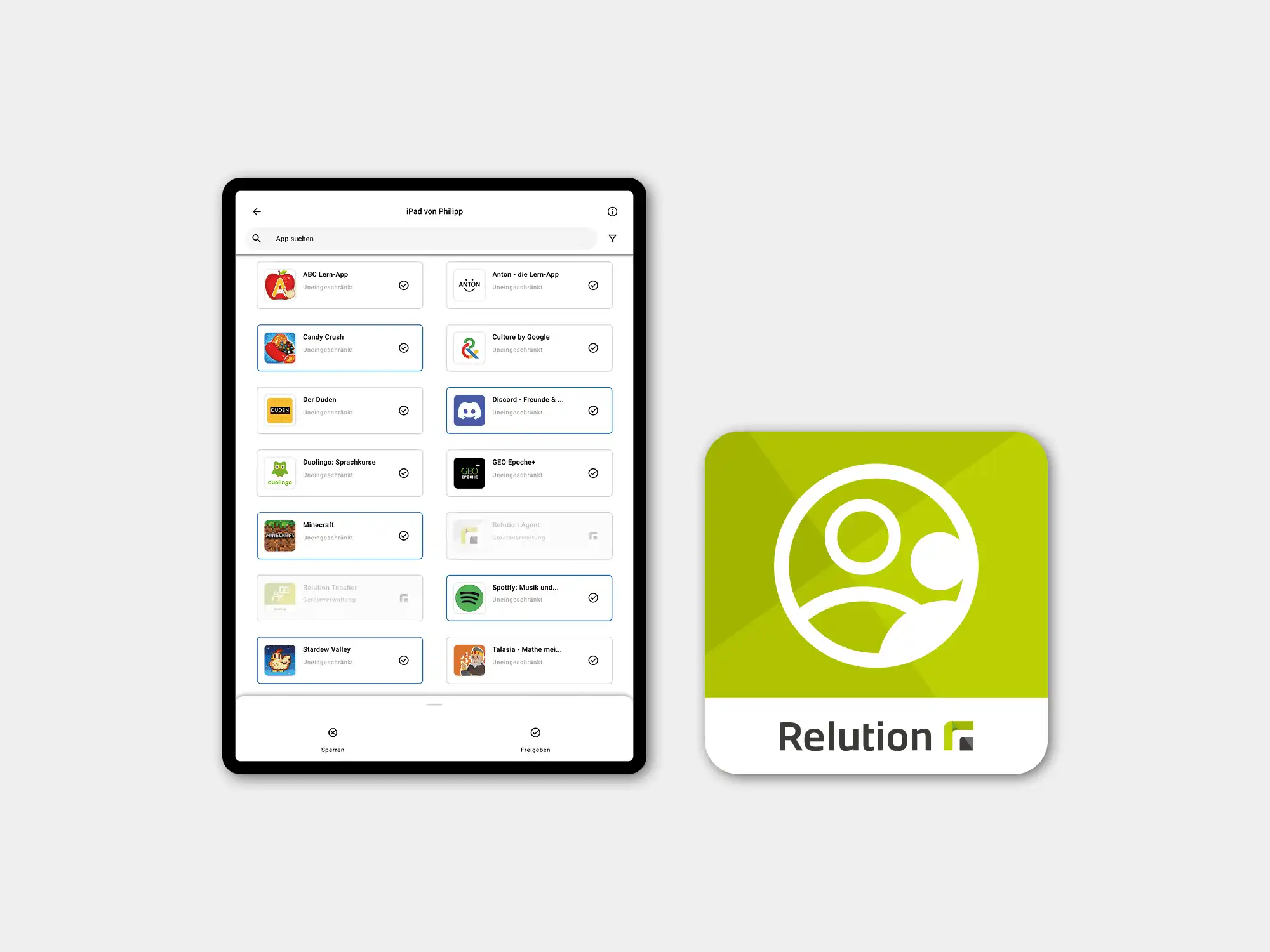 Bir iPad'in birçok tanınmış uygulama simgesiyle örnek bir gösterimi, yanında Relution Parent uygulamasının logosu gösterilmektedir