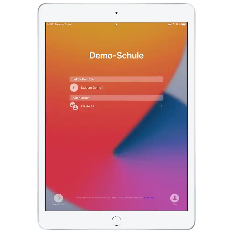 Startbildschirm eines iPads mit Loginmaske und der Möglichkeit, den Gastzugang über die Schaltfläche „Gast“ unten rechts auszuwählen und mit der Home-Taste zu starten