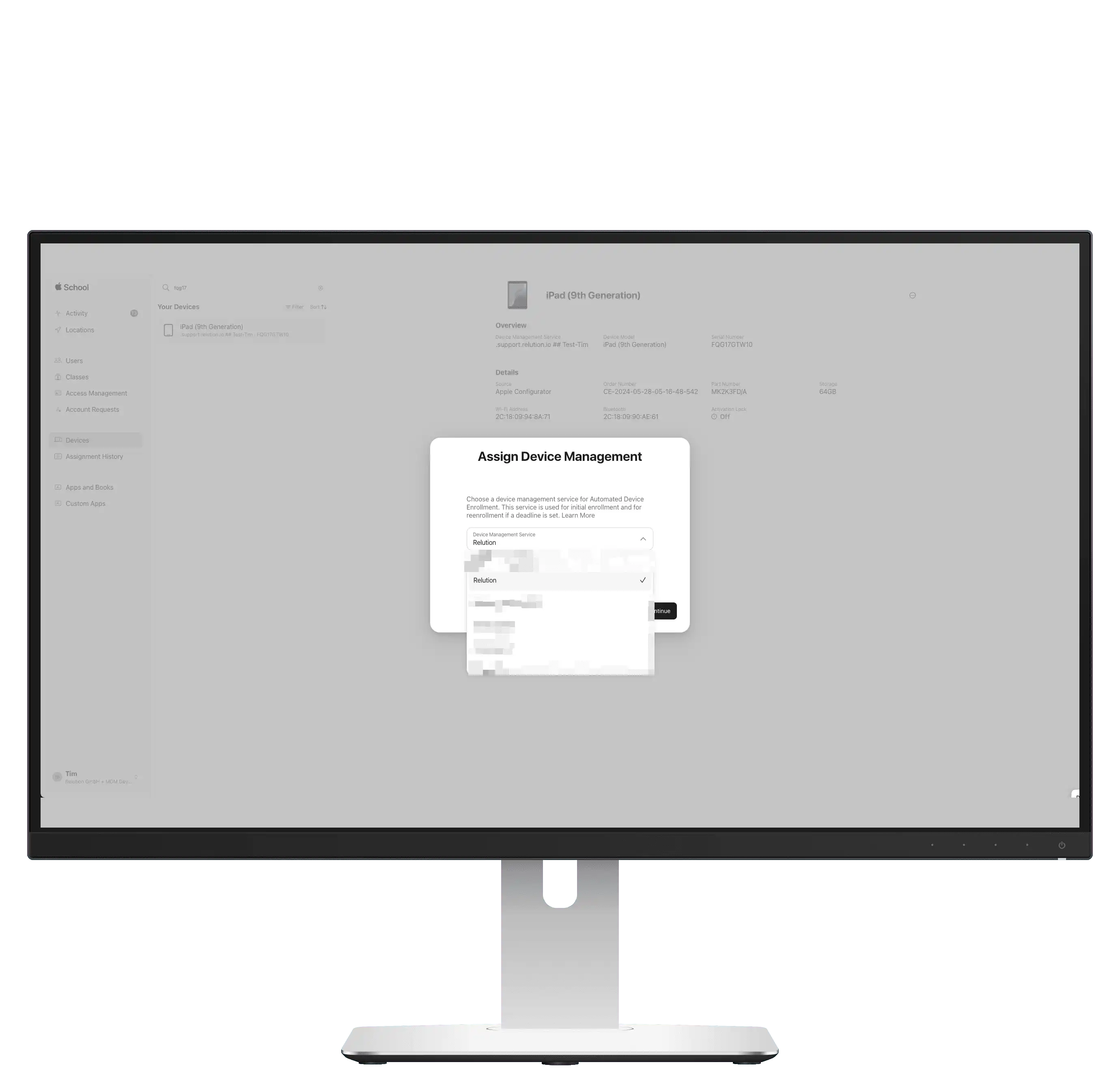 View of the Apple Business Manager interface on a PC screen, showing 'Assign device management' with Relution available as an option