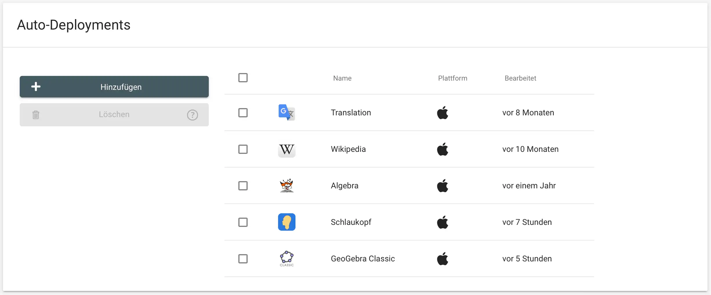 Relution-Oberfläche mit der Möglichkeit, über Auto-Deployments benutzerspezifische Apps zuzuordnen, die nach Anmeldung mit einer Managed Apple ID automatisch auf Apple-Geräten installiert werden