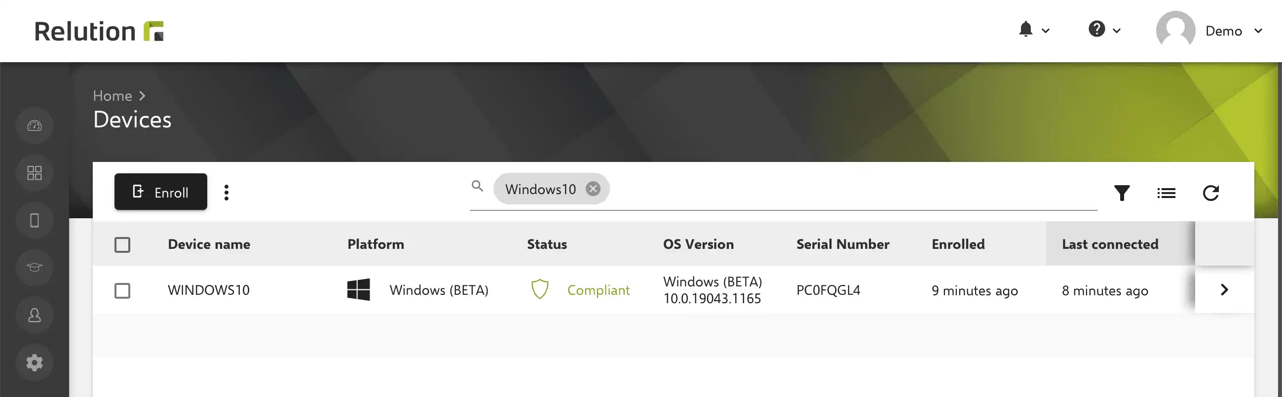 Vista in Relution che mostra la registrazione riuscita di un dispositivo, ora visualizzato e gestibile nell’elenco dell’inventario dell’organizzazione pertinente