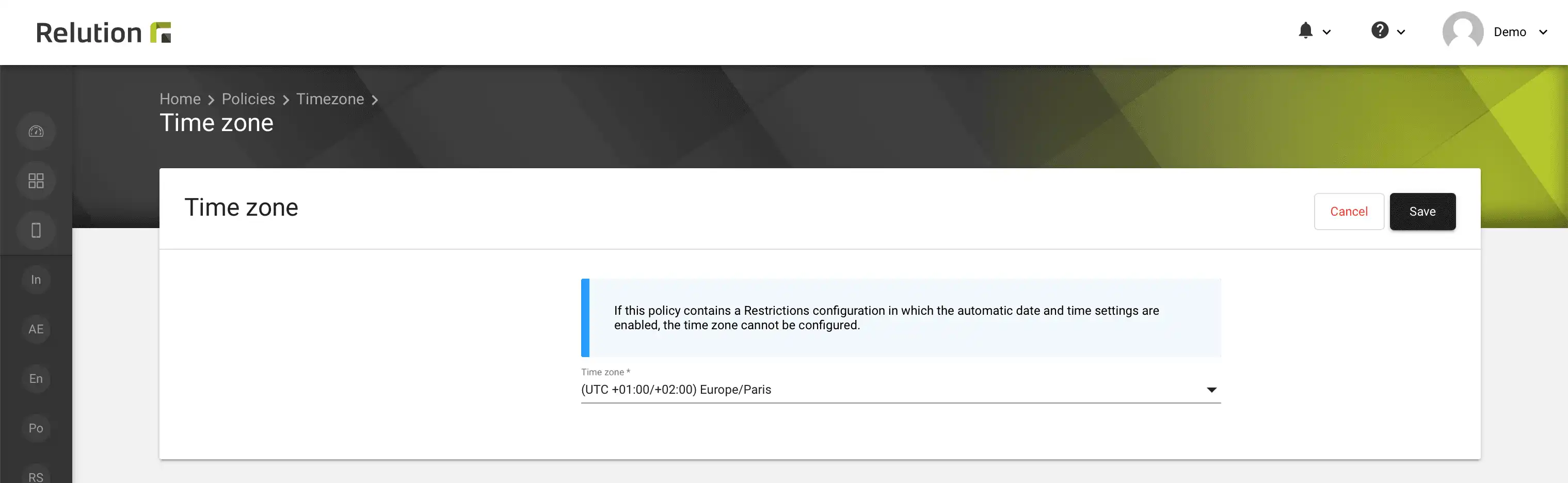 Configurazione delle politiche in Relution per il trasferimento automatico del fuso orario sui dispositivi iOS e tvOS supervisionati