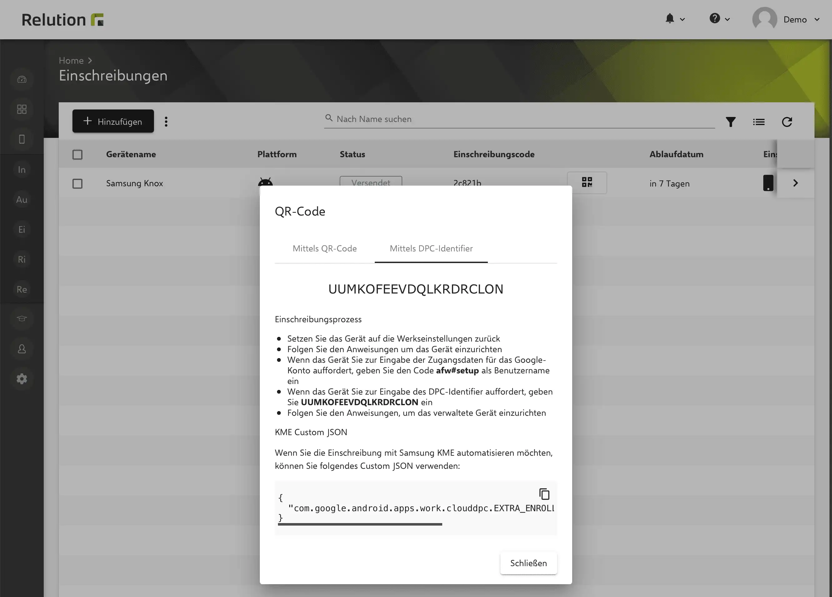 Übersicht im Relution-Portal mit der Option „Mittels DPC-Identifier“ zur Anzeige und Kopie des Multi-Enrollment-Codes als KME Custom JSON
