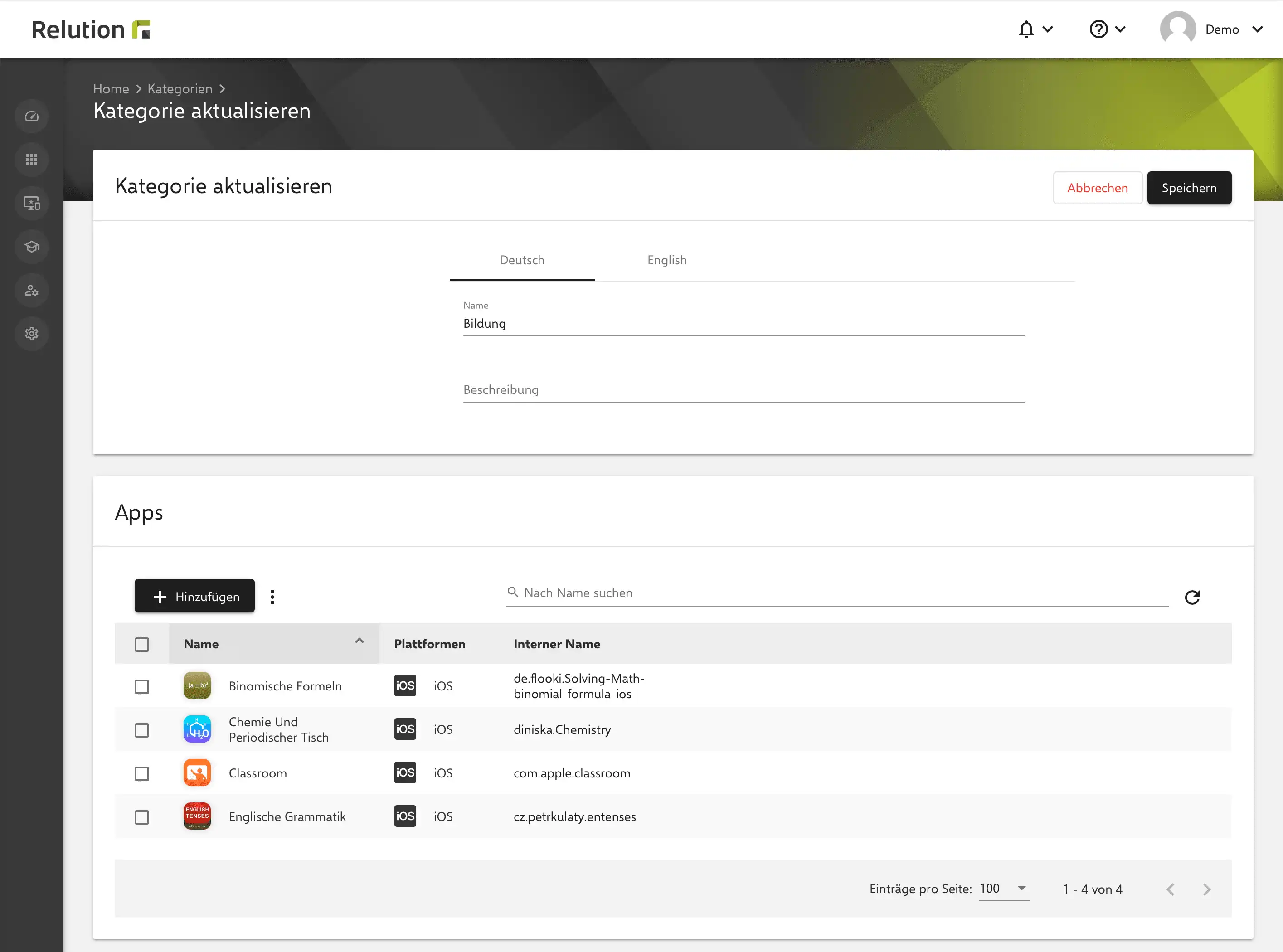 Detailansicht einer App-Kategorie in Relution mit der Option, Apps direkt hinzuzufügen oder über die Einstellungen einzelner App-Details zu ergänzen