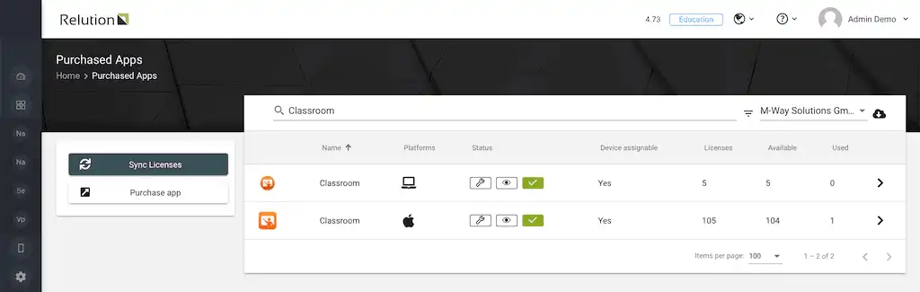 Vista de menú en Relution en la sección « Purchased Apps », mostrando una lista de aplicaciones adquiridas para dispositivos macOS mediante Apple School Manager y el Volume Purchase Program (VPP)