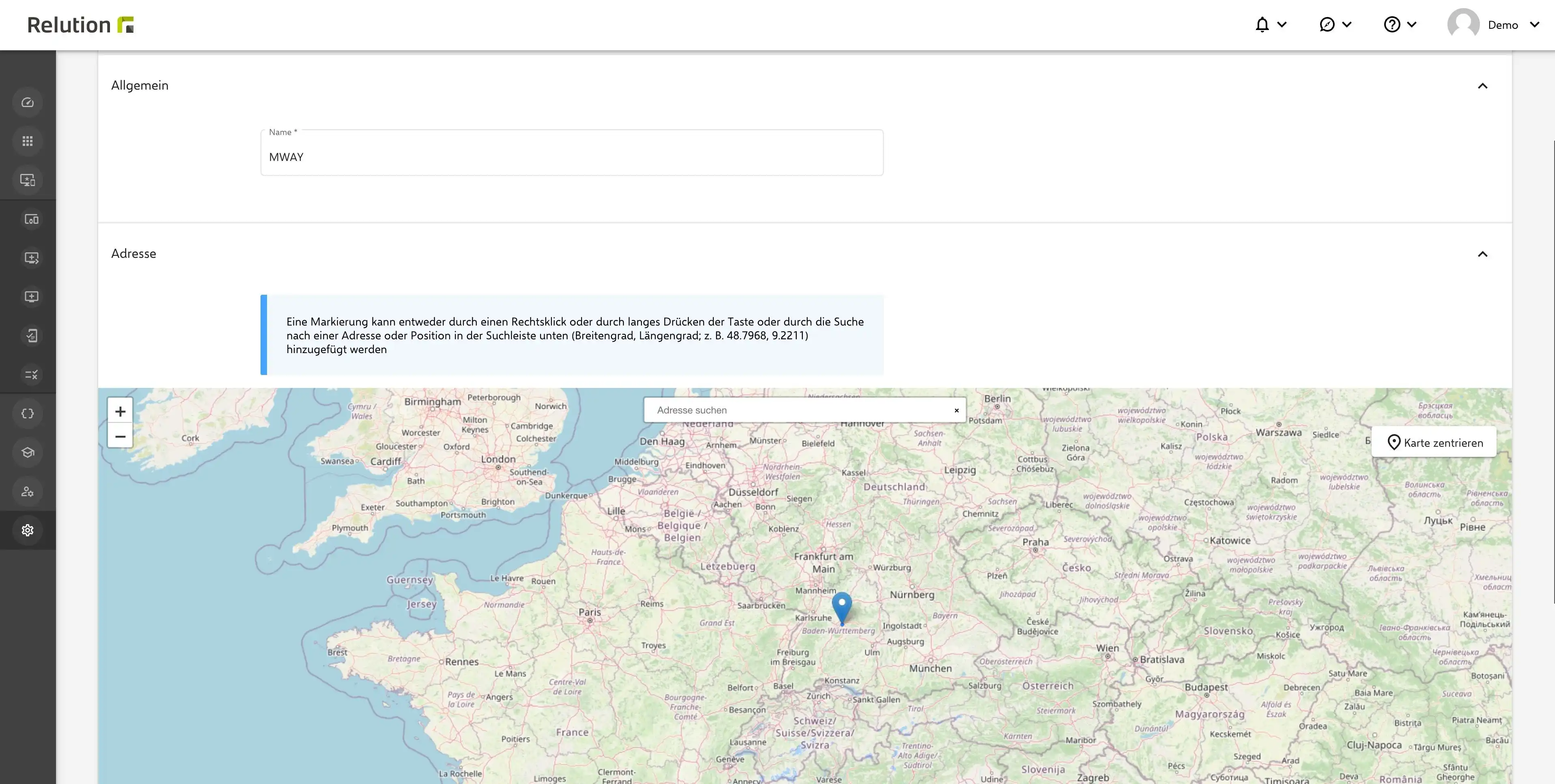 Markierung einer Geo-Zone mit Namen und Adresse auf einer Karte im Relution Portal