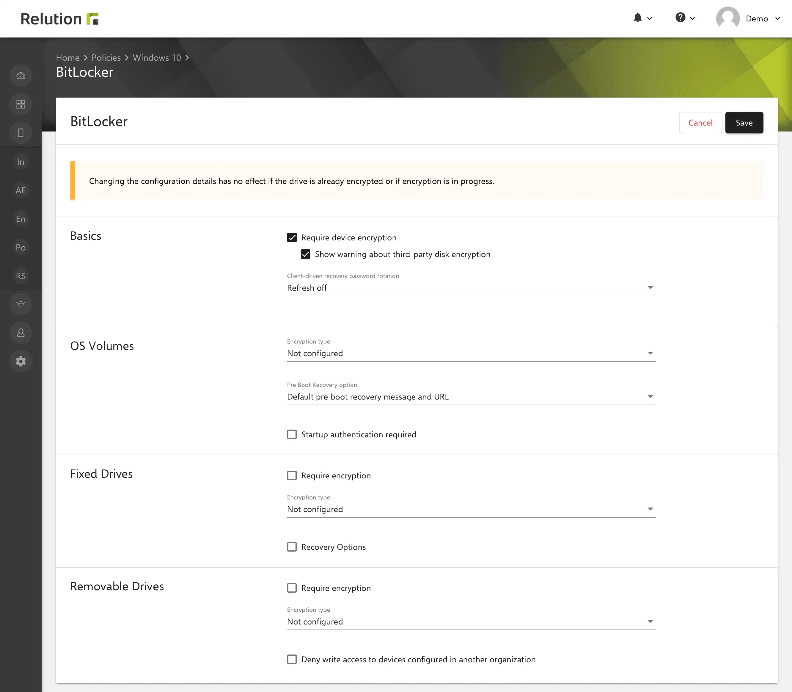 Configurazione di BitLocker in Relution per la crittografia di dischi rigidi e volumi di sistema dei dispositivi Windows 10 registrati