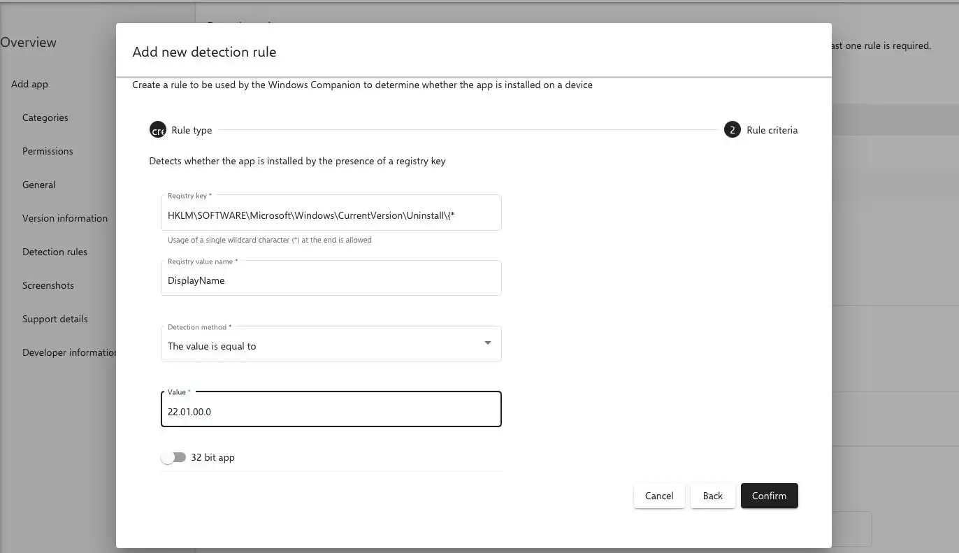 Regla de registro en Relution para identificar apps en Windows por clave y valor
