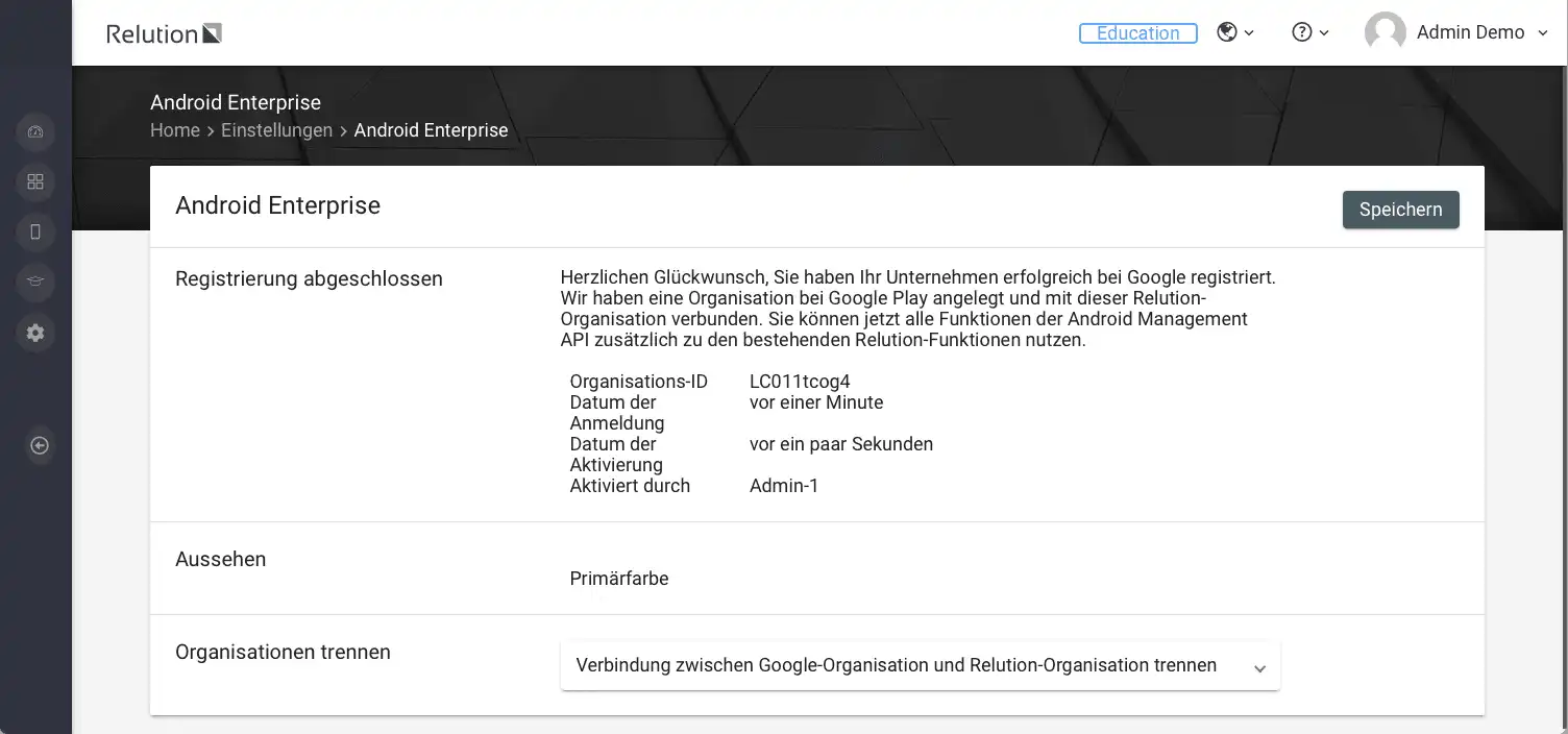 Anzeige der Erfolgsmeldung in Relution, dass die Registrierung des Unternehmens für die Nutzung des Managed Play Stores abgeschlossen ist