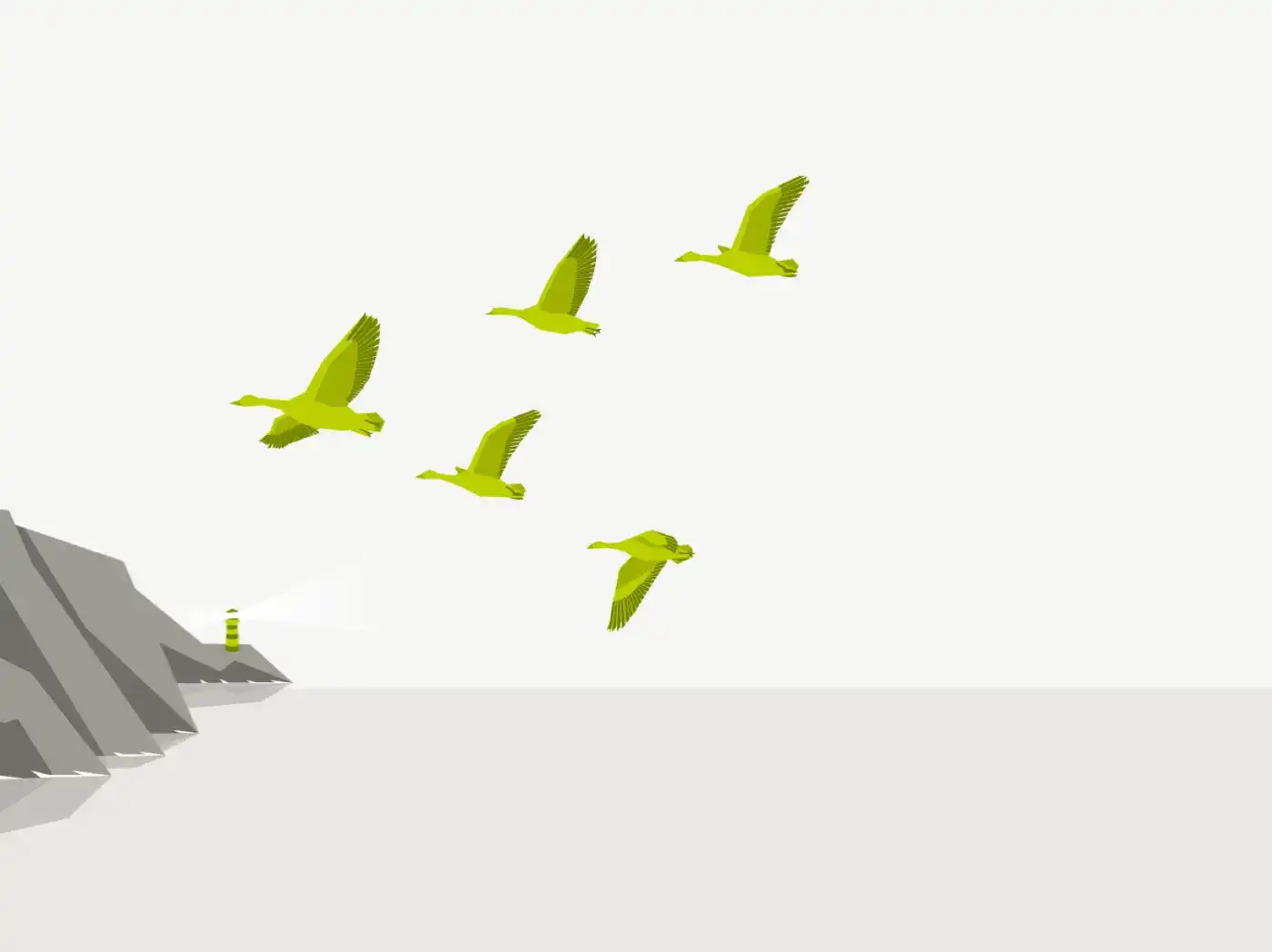 5 grüne Zugvögel sind vor einer grauen Klippe und einer Küstenlinie zu sehen, sie fliegen in einer V-Formation