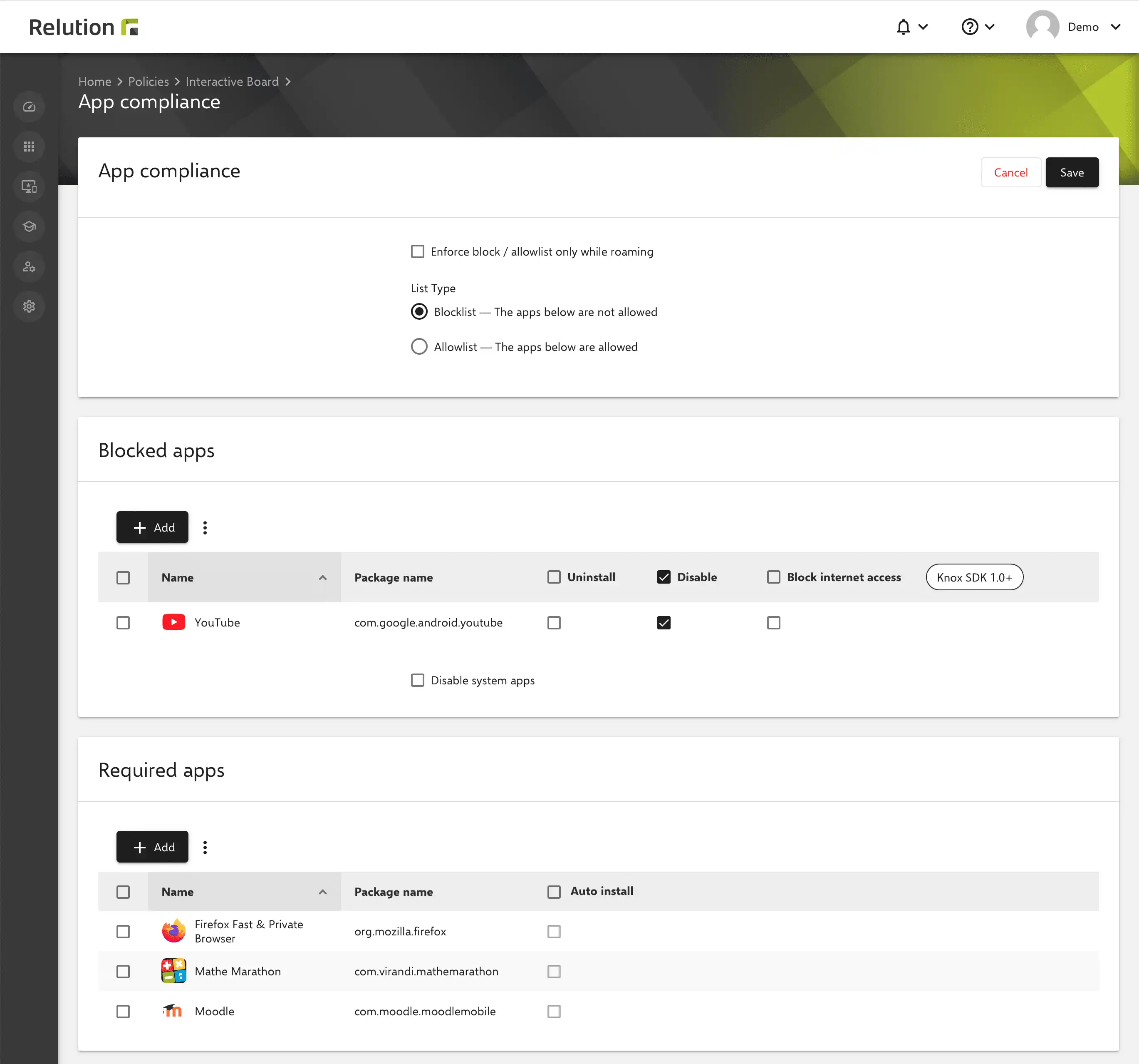 Le app possono essere installate su lavagne interattive registrate in Relution tramite "Conformità app" per Android Classic e assegnate da Google Play tramite criteri per aule personalizzate
