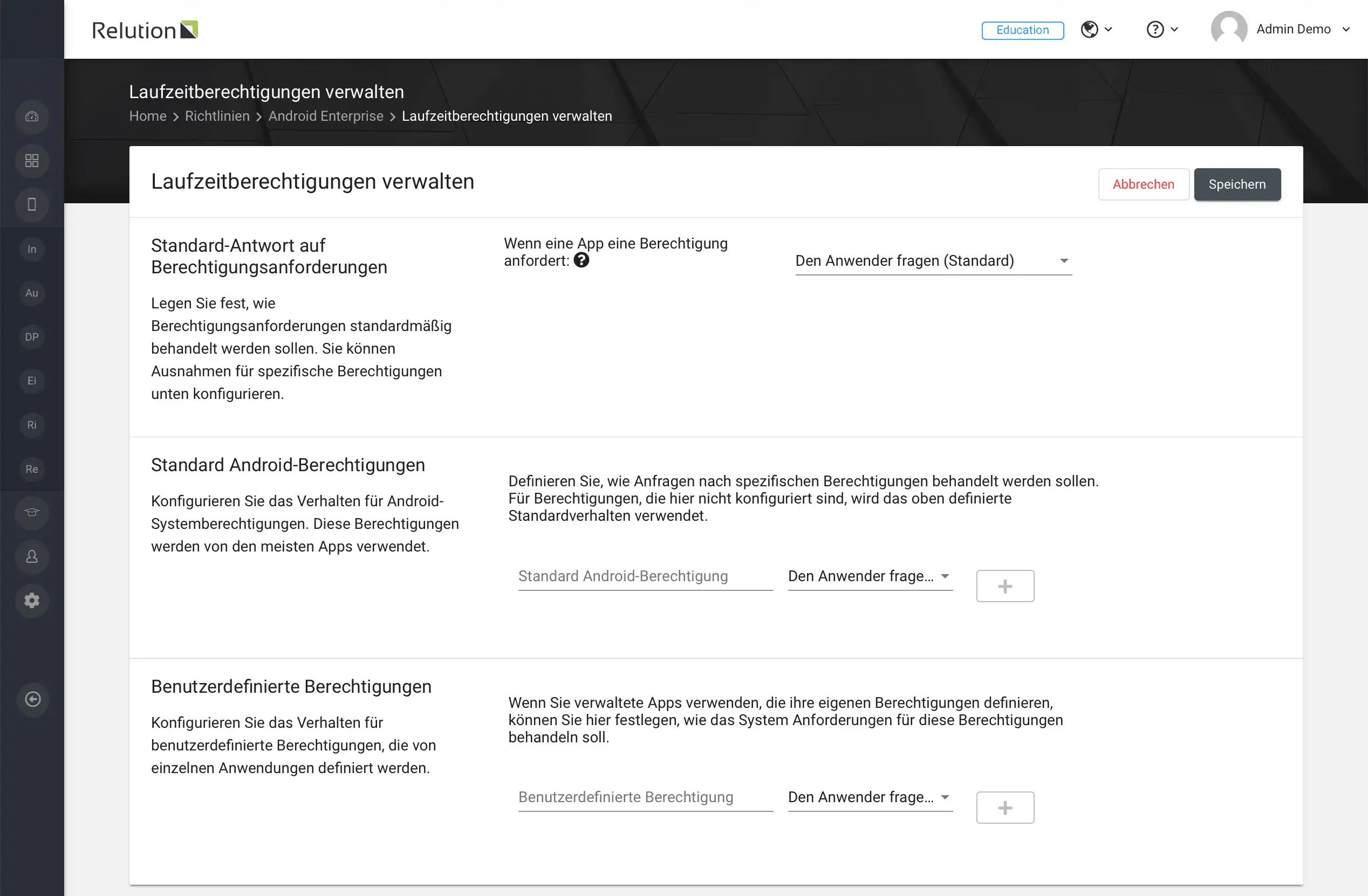 Konfigurationsansicht in Relution zur Verwaltung von Laufzeitberechtigungen mit globalen Einstellungen für Datenschutz und zentraler Kontrolle, z. B. Zugriff auf GPS-Positionsdaten