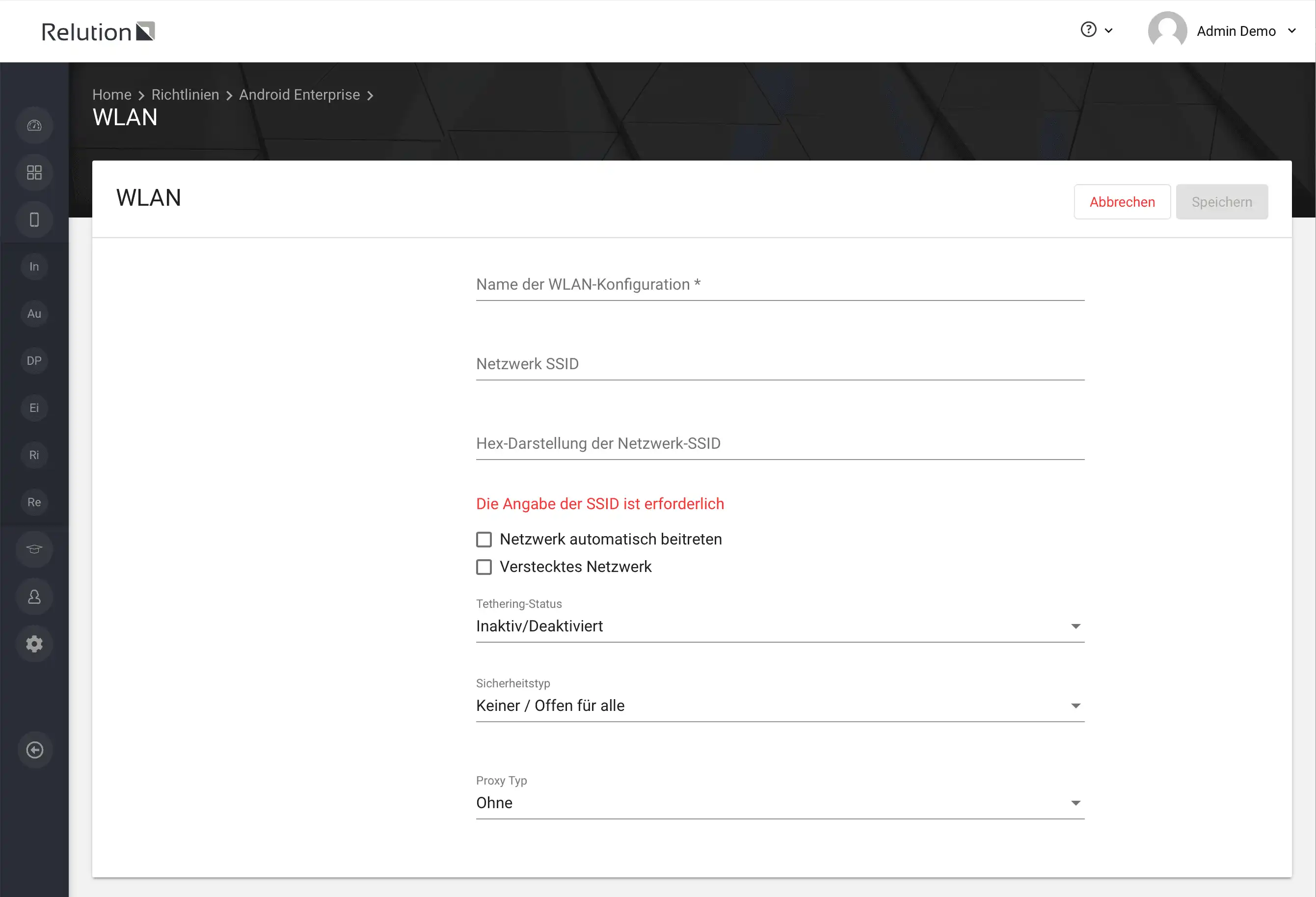 Erweiterte WLAN-Konfiguration in Relution für Android Enterprise Geräte mit EAP-Sicherheitstyp und Proxy-Einstellungen