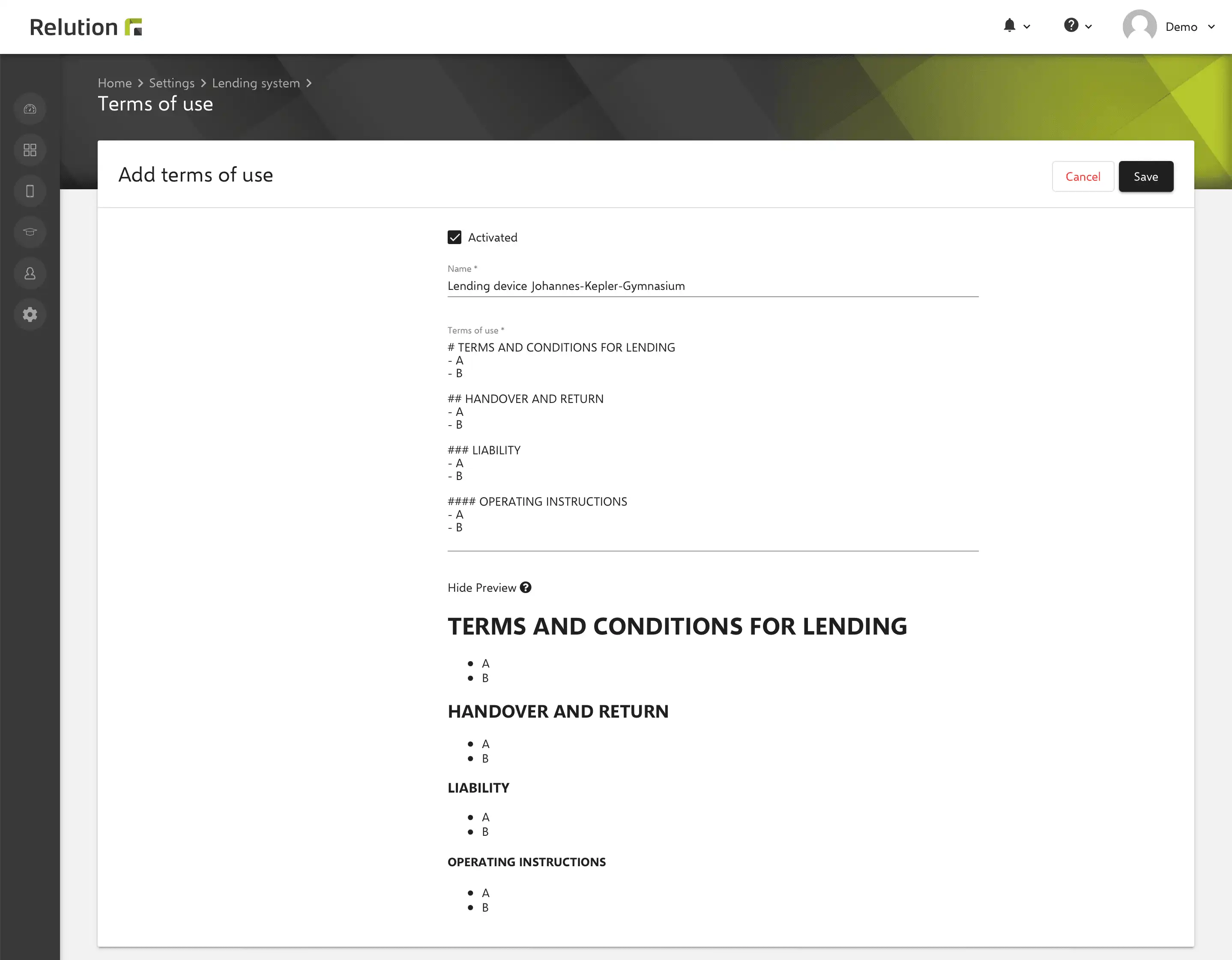 Affichage des informations dans l'application Relution sous « Paramètres » -> « Système de prêt », formaté avec Markdown et enregistré comme différentes conditions d'utilisation