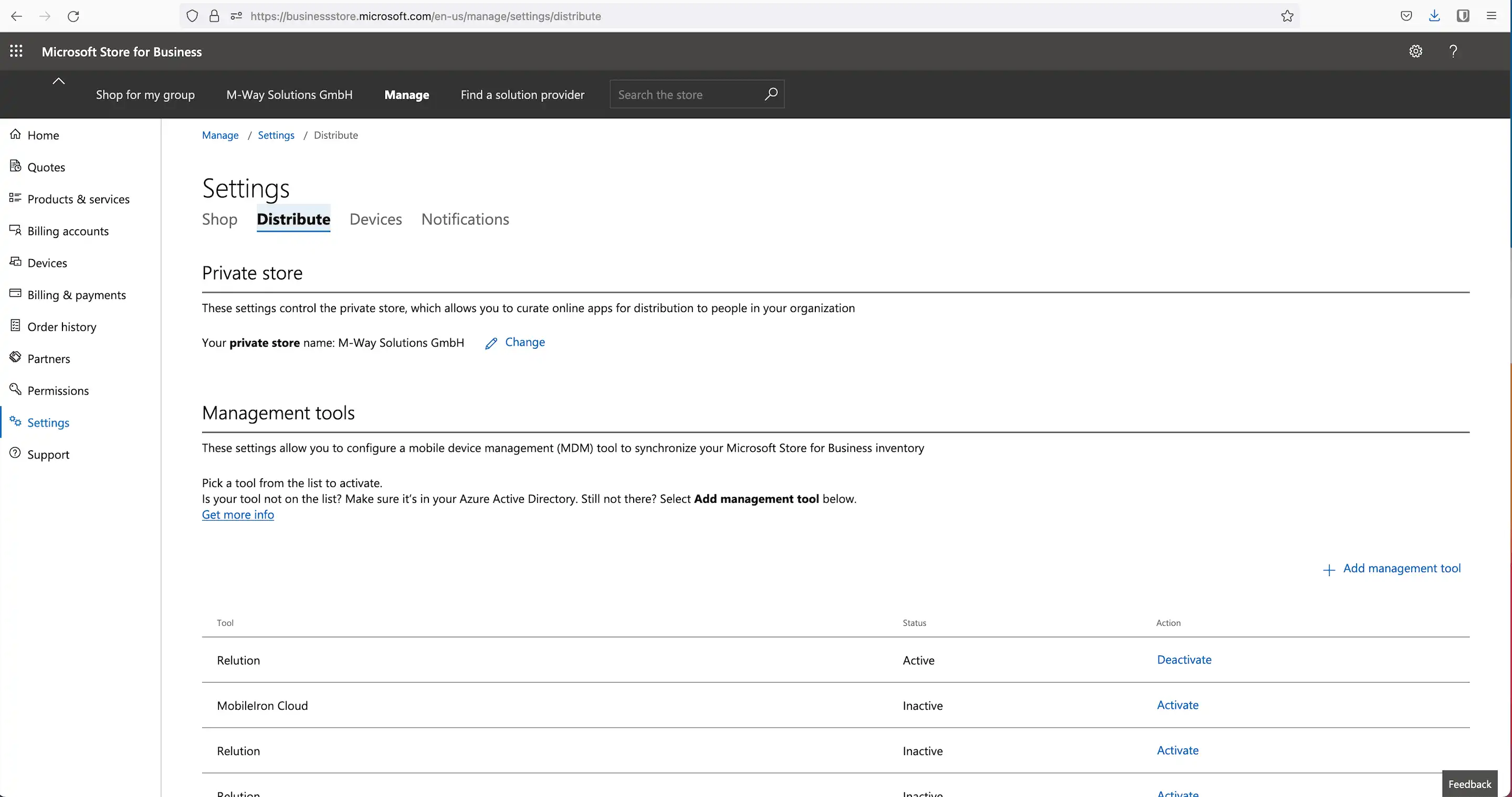 Vista de configuración en el Microsoft Store for Business para aplicar perfiles a dispositivos, con la opción « Añadir herramienta de gestión » y la selección de una aplicación MDM