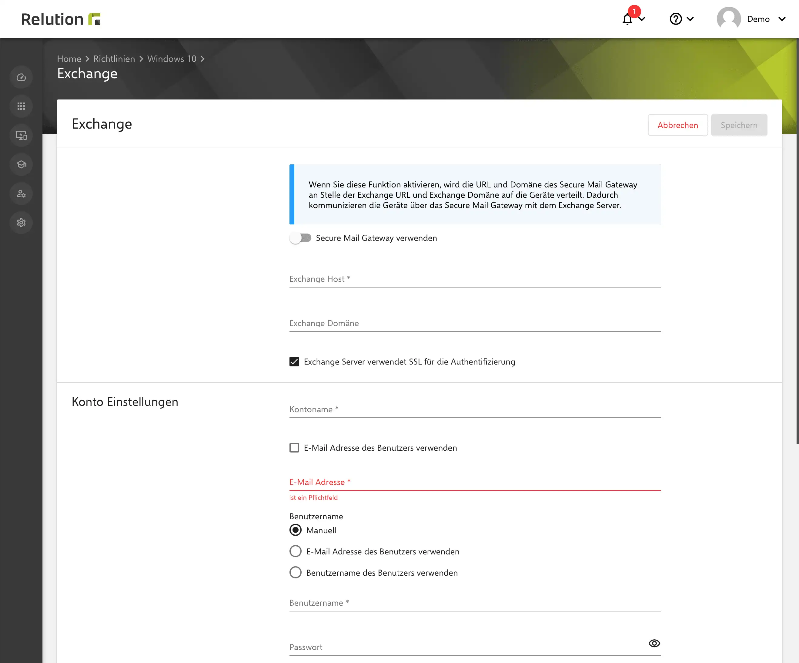 Bereitstellung von Exchange-Konten in Relution mit vorkonfigurierten Einstellungen, wobei persönliche Passwörter direkt auf dem Windows-Gerät eingegeben werden müssen