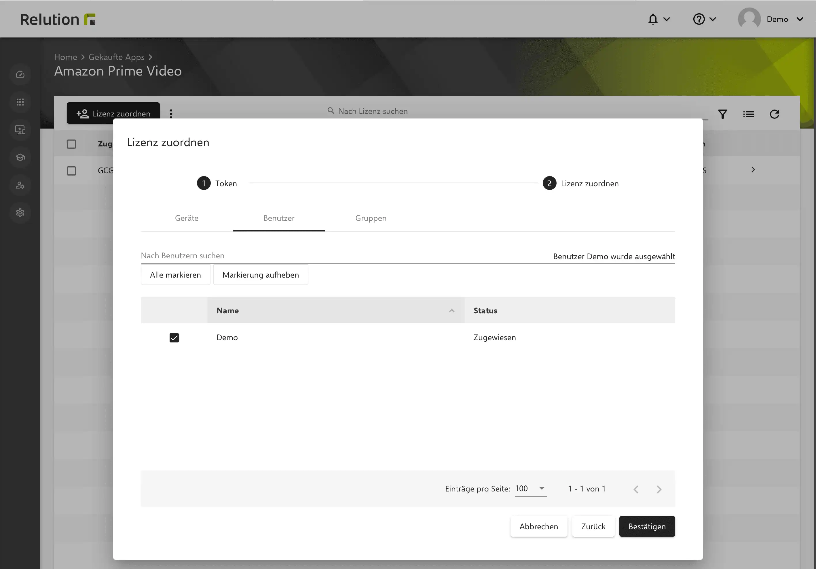 Übertragung von VPP-Lizenzen im Bereich „Gekaufte Apps“ in Relution an VPP-Benutzer mit Status „Zugewiesen“ zur Installation von Apps auf privaten Geräten mittels Organisations-VPP-Token