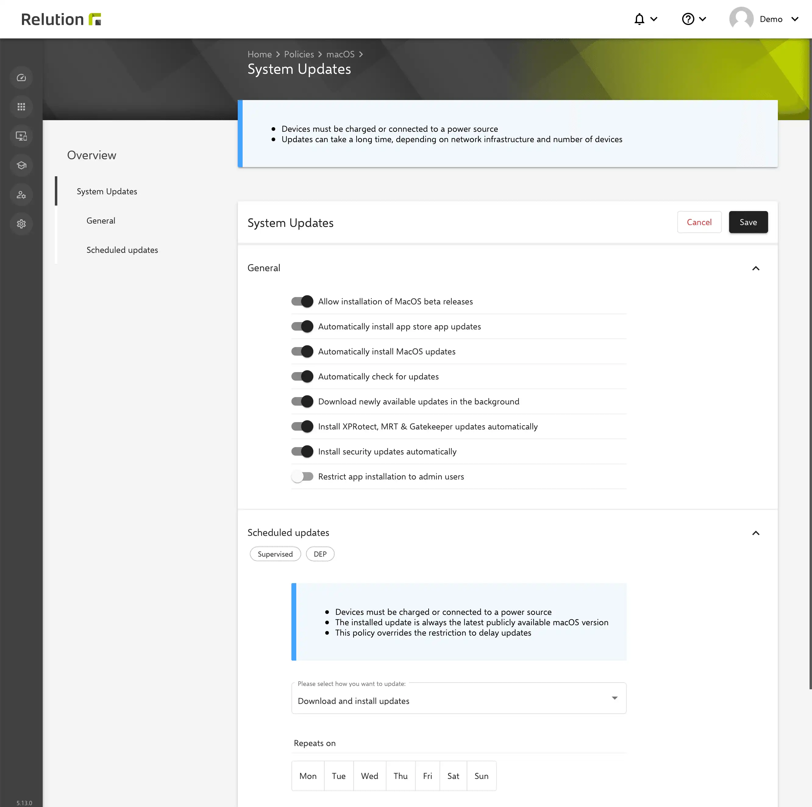Configuración « Administrar actualizaciones del sistema » en Relution para automatizar la instalación de actualizaciones del sistema operativo mediante políticas