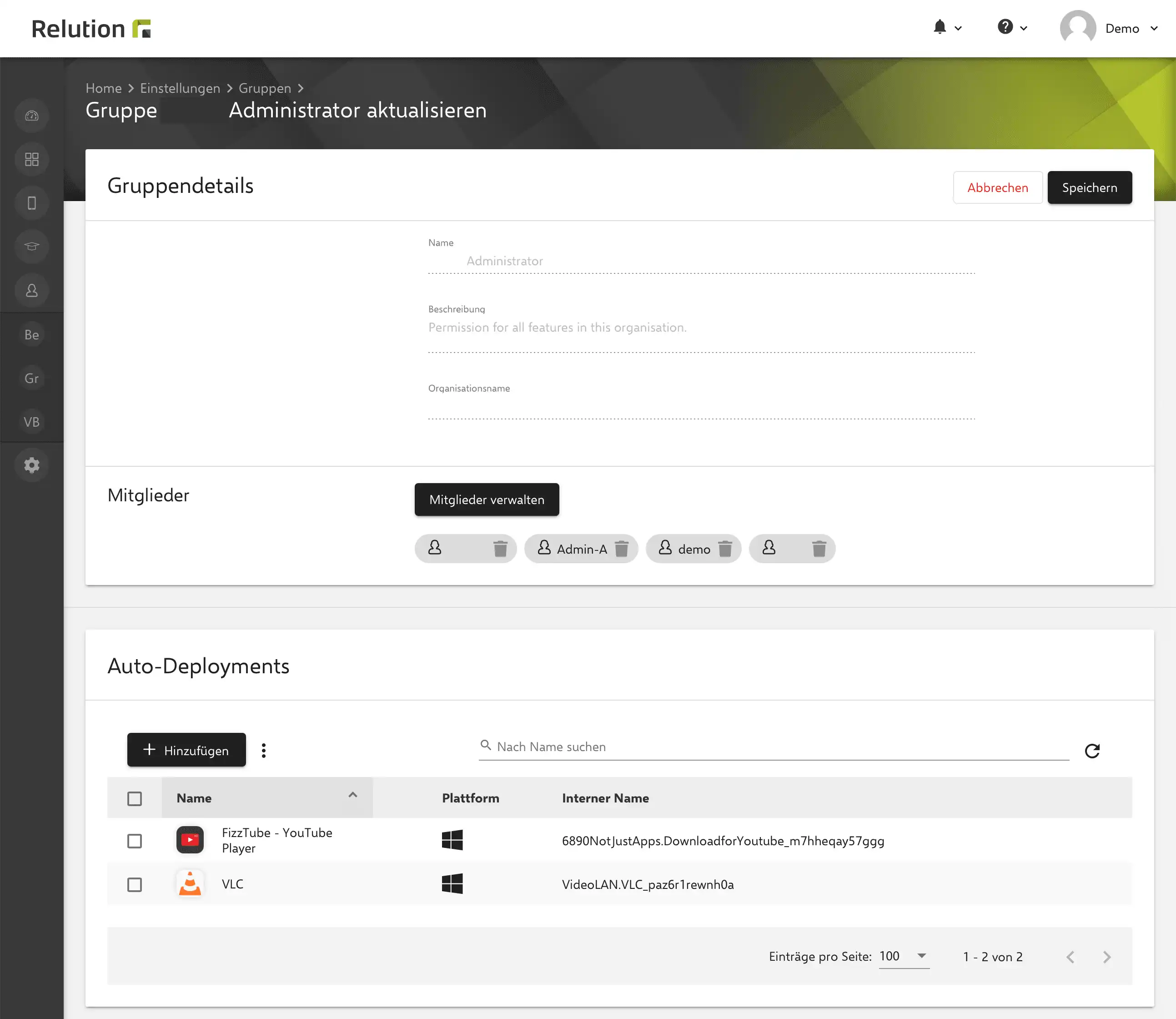 „Aktion anwenden“ in Relution mit Auswahl der importierten Windows Apps aus dem Relution App Store.