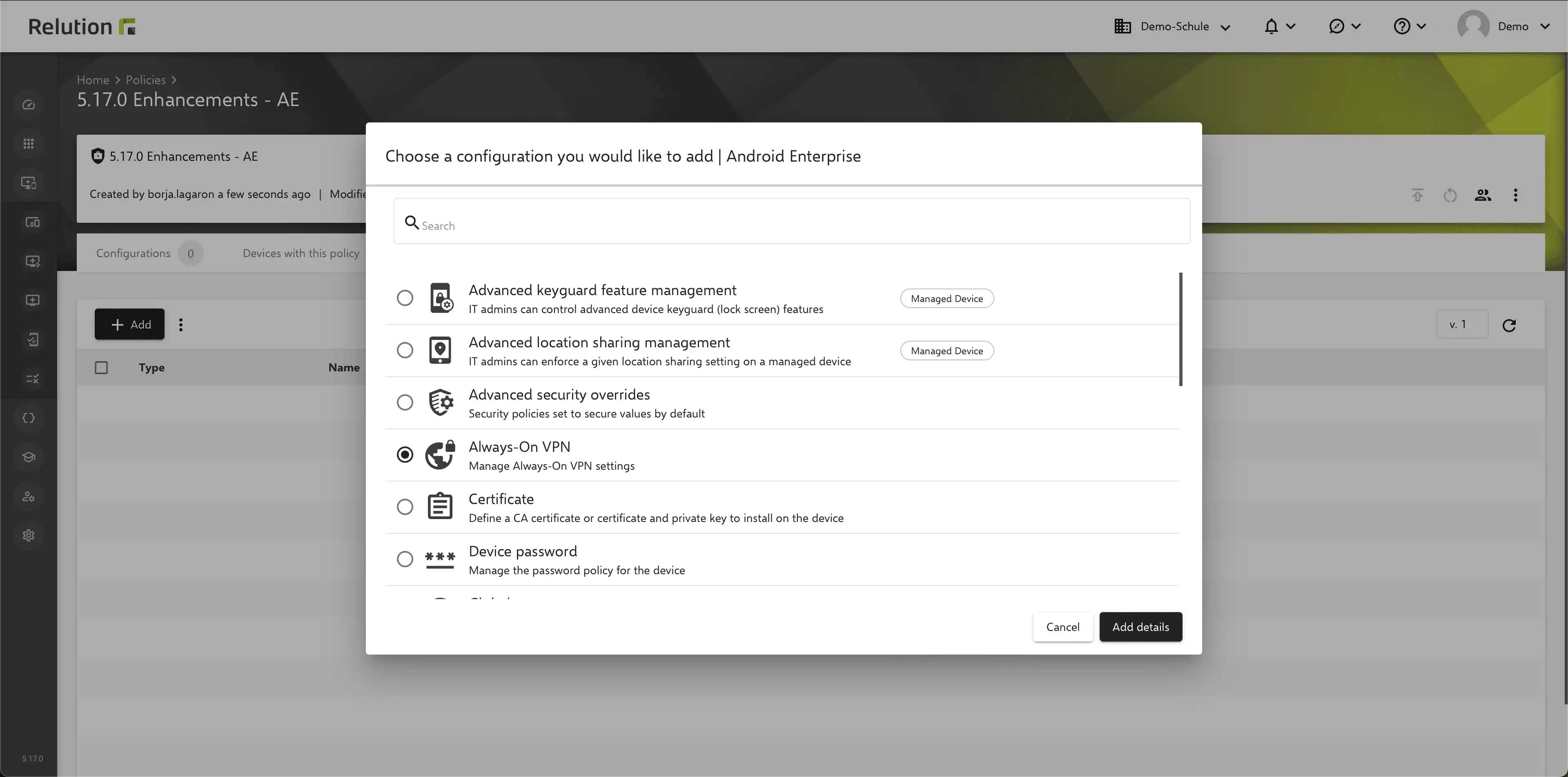 "Always-On VPN" configuration in Relution to enforce permanent VPN access on devices