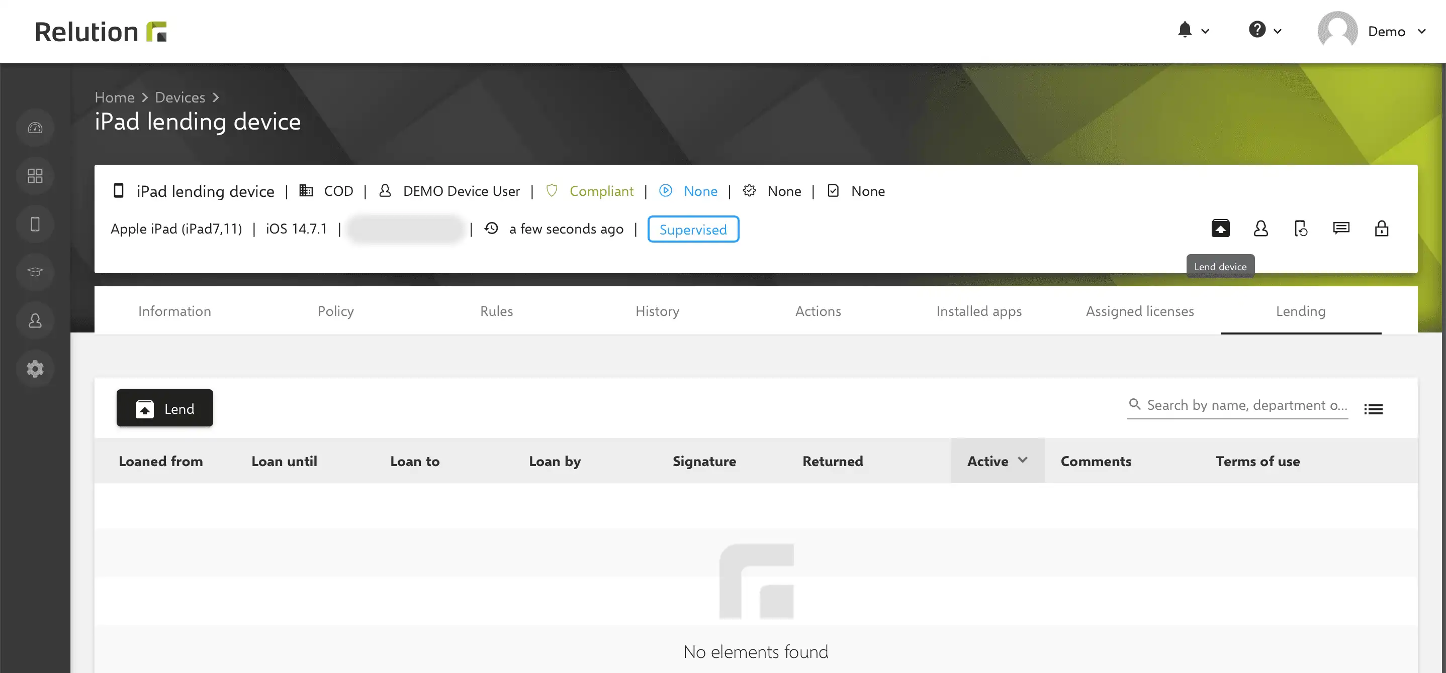 Vue dans Relution pour initier le processus de prêt d'un appareil via les détails de l'appareil
