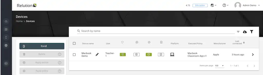 Vista en Relution con una entrada bajo « Executed Policy » para un dispositivo de muestra gestionado dentro del MDM