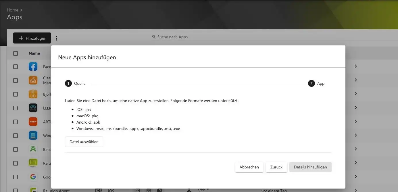 Schritt im Relution-Portal zum Hochladen einer Datei im Format „.msi“ oder „.exe“ mithilfe des nativen Datei-Managers über die Option „Datei auswählen“