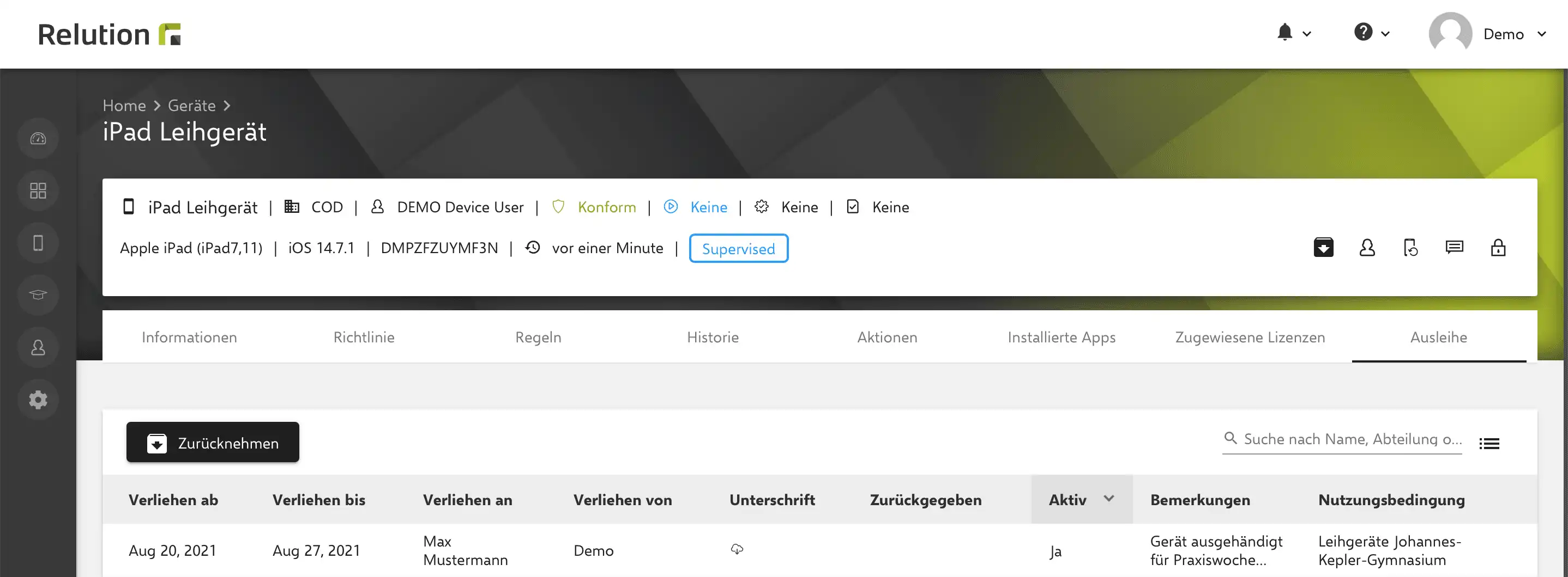 Geräteansicht in Relution mit Status- und Verfügbarkeitsinformationen sowie der Option zur Rücknahme eines Leihgeräts