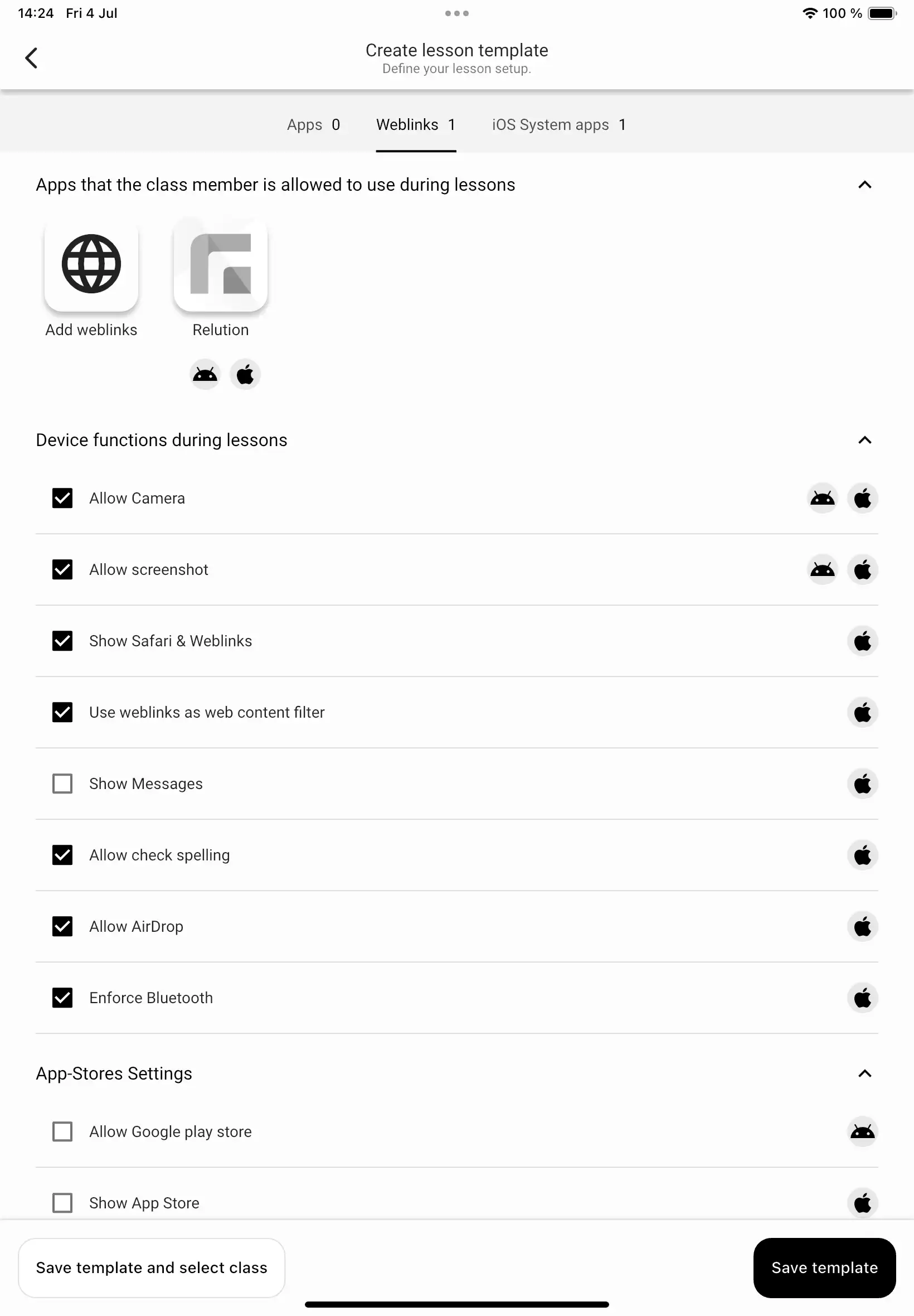 Configuration overview for creating a lesson template with options for Safari web link content filtering