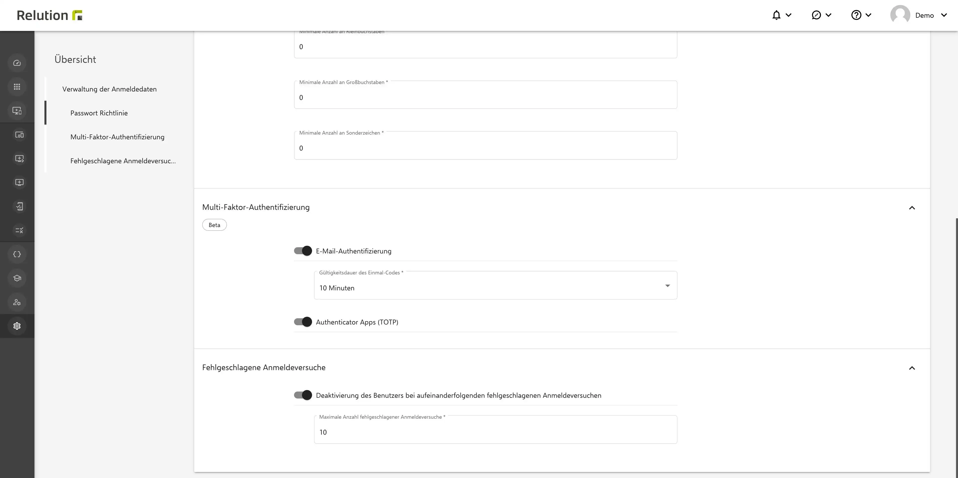 Einstellung im Relution Portal zur Begrenzung fehlgeschlagener Anmeldeversuche zur Erhöhung der Sicherheit