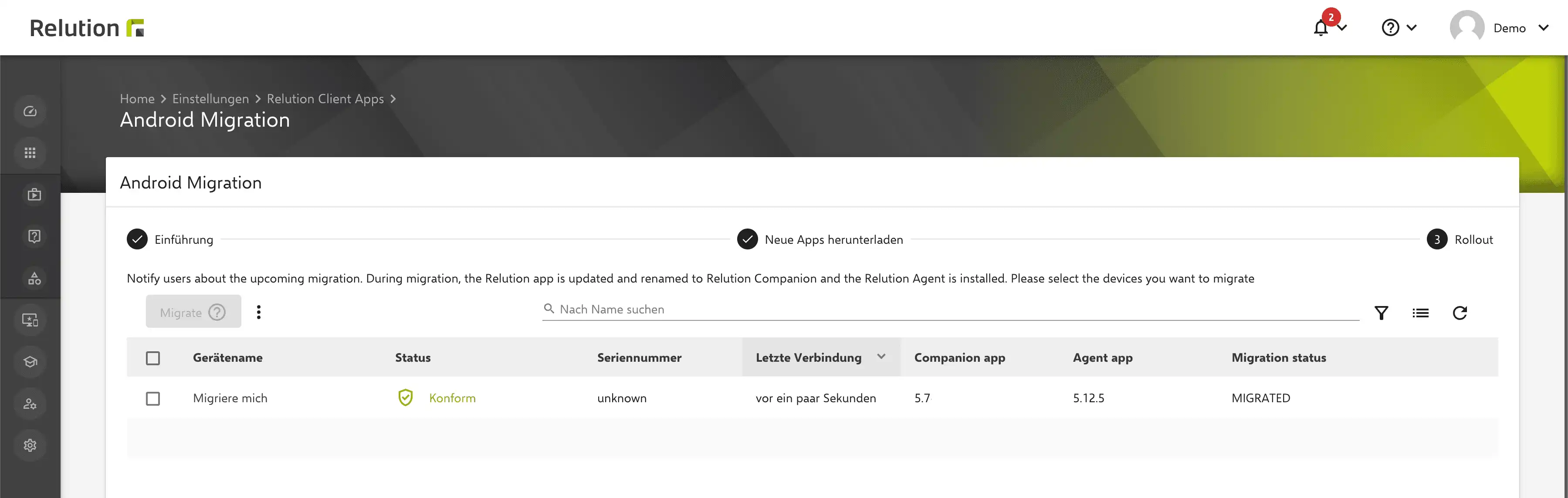 Erfolgsanzeige der Migration eines Beispielgeräts auf die neuen Relution Apps für Android, dargestellt in der entsprechenden Relution-Umgebung