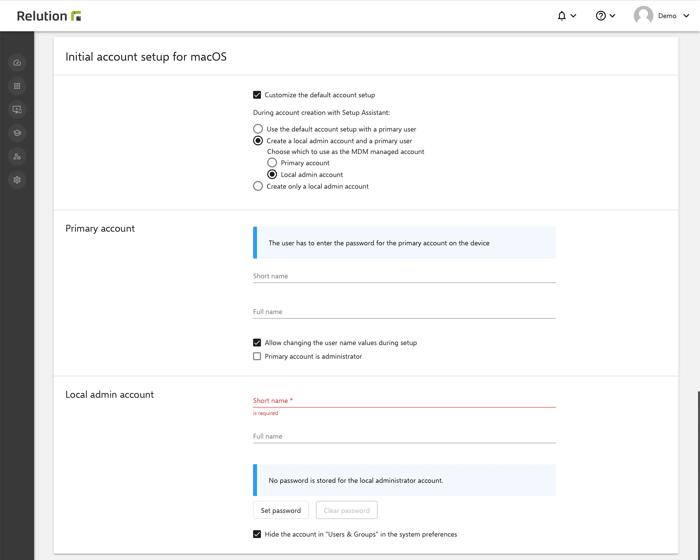 Configuración de una cuenta de administrador local en el perfil DEP directamente en Relution para dispositivos macOS para una configuración inicial automatizada