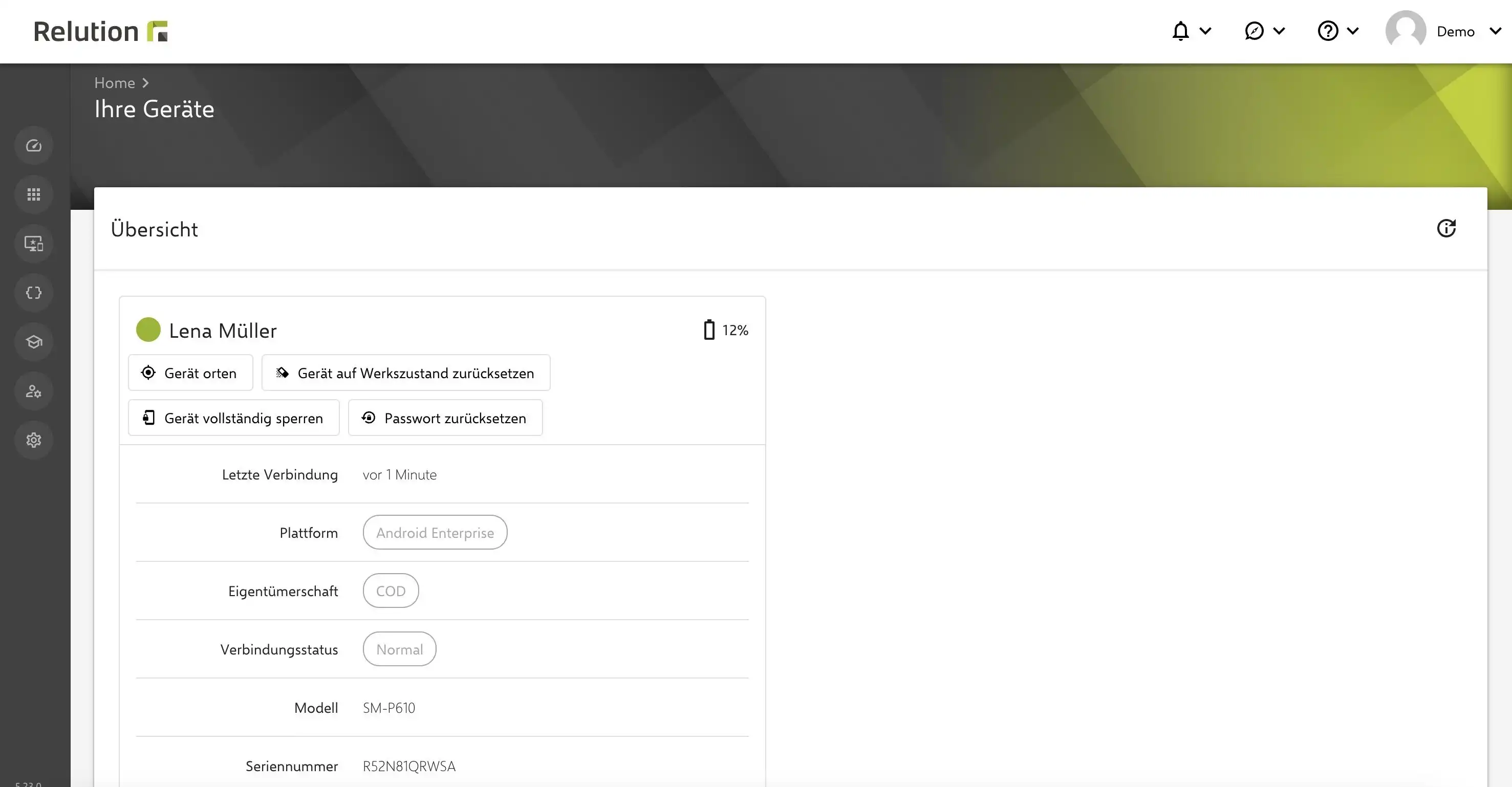 Darstellung eines Beispielgeräts im Relution Self-Service Portal unter „Ihre Geräte“ mit Optionen zur selbstständigen Verwaltung