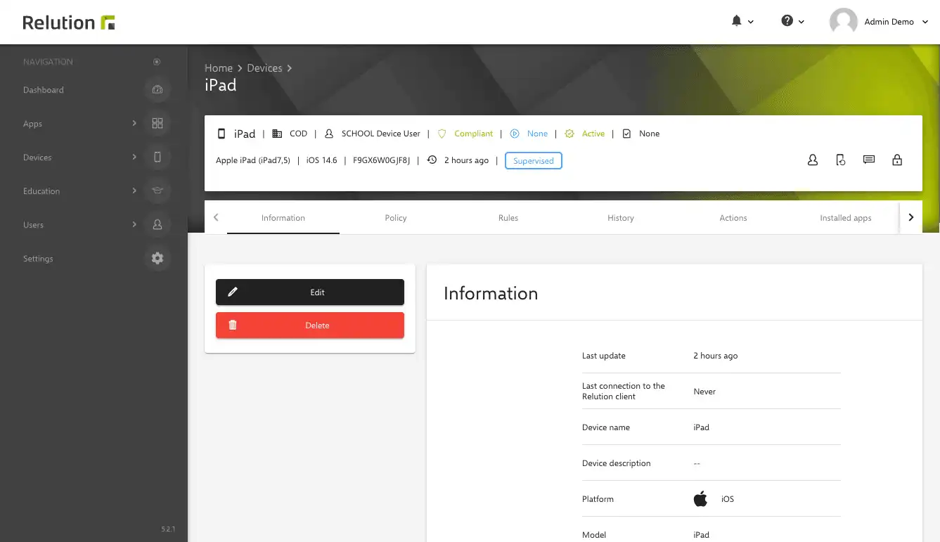 Info Box in Relution with a clear overview of key device information and quick access to actions such as changing users, updating device details, or sending messages