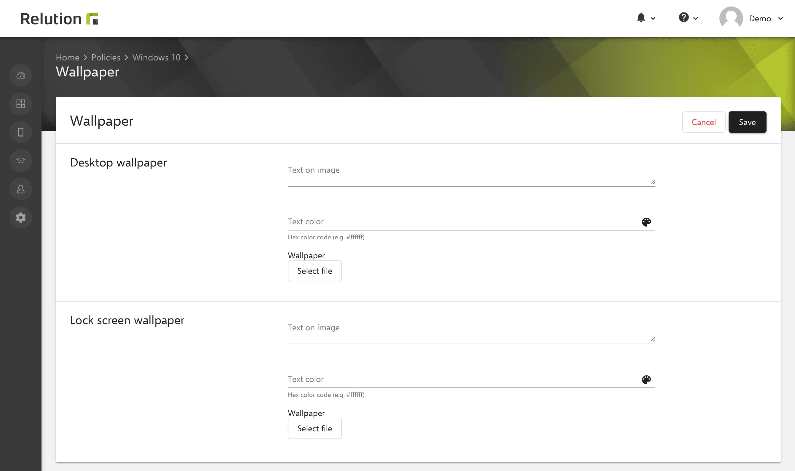 Vista de configuración en Relution para gestionar fondos de pantalla en dispositivos Windows 10, incluidos los ajustes del escritorio y de la pantalla de bloqueo con personalización opcional de texto