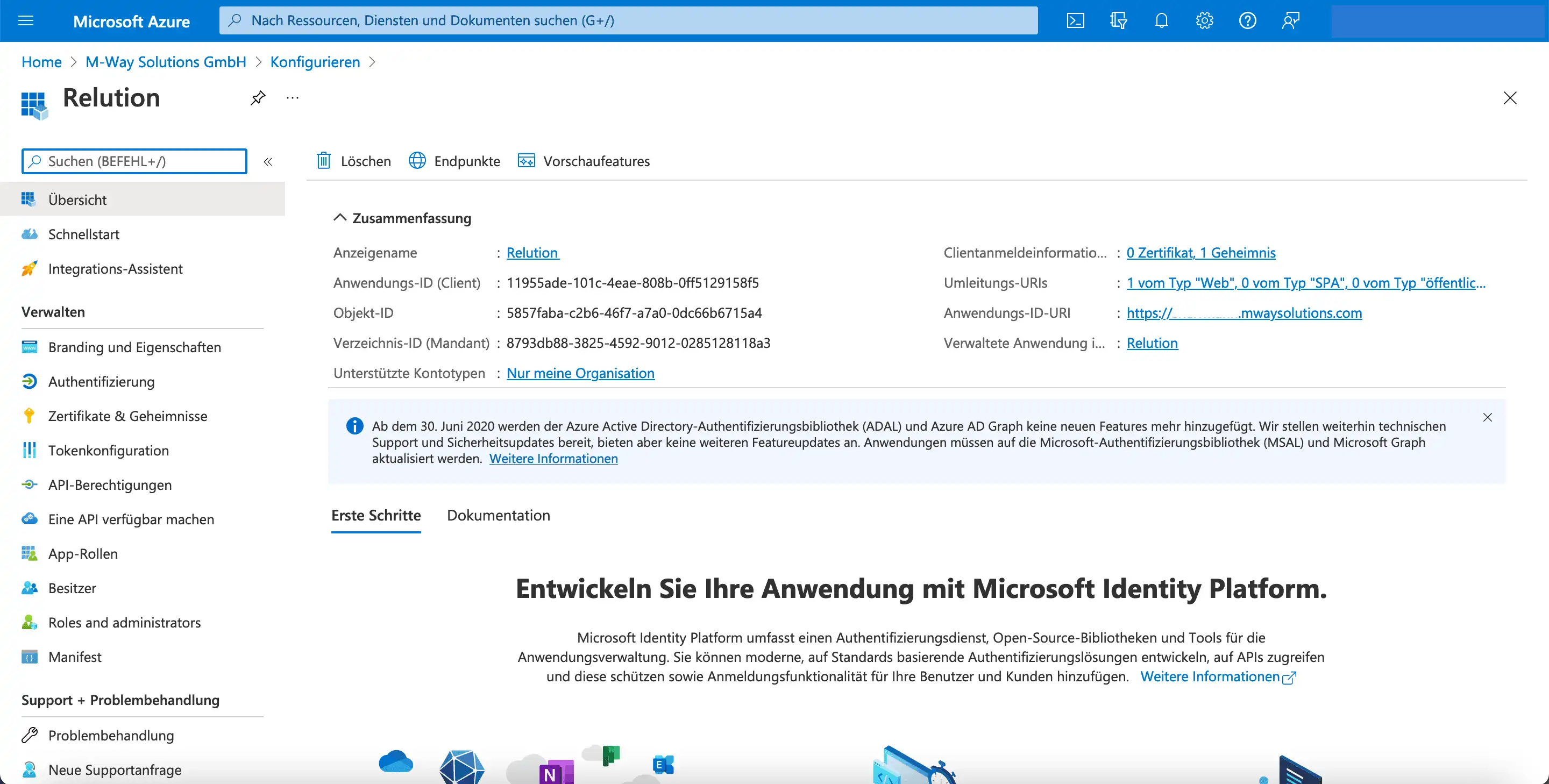 Einstellungsbereich in Azure mit der Option, die „Anwendungs-ID-URI“ in den lokalen MDM-Anwendungseinstellungen zu bearbeiten