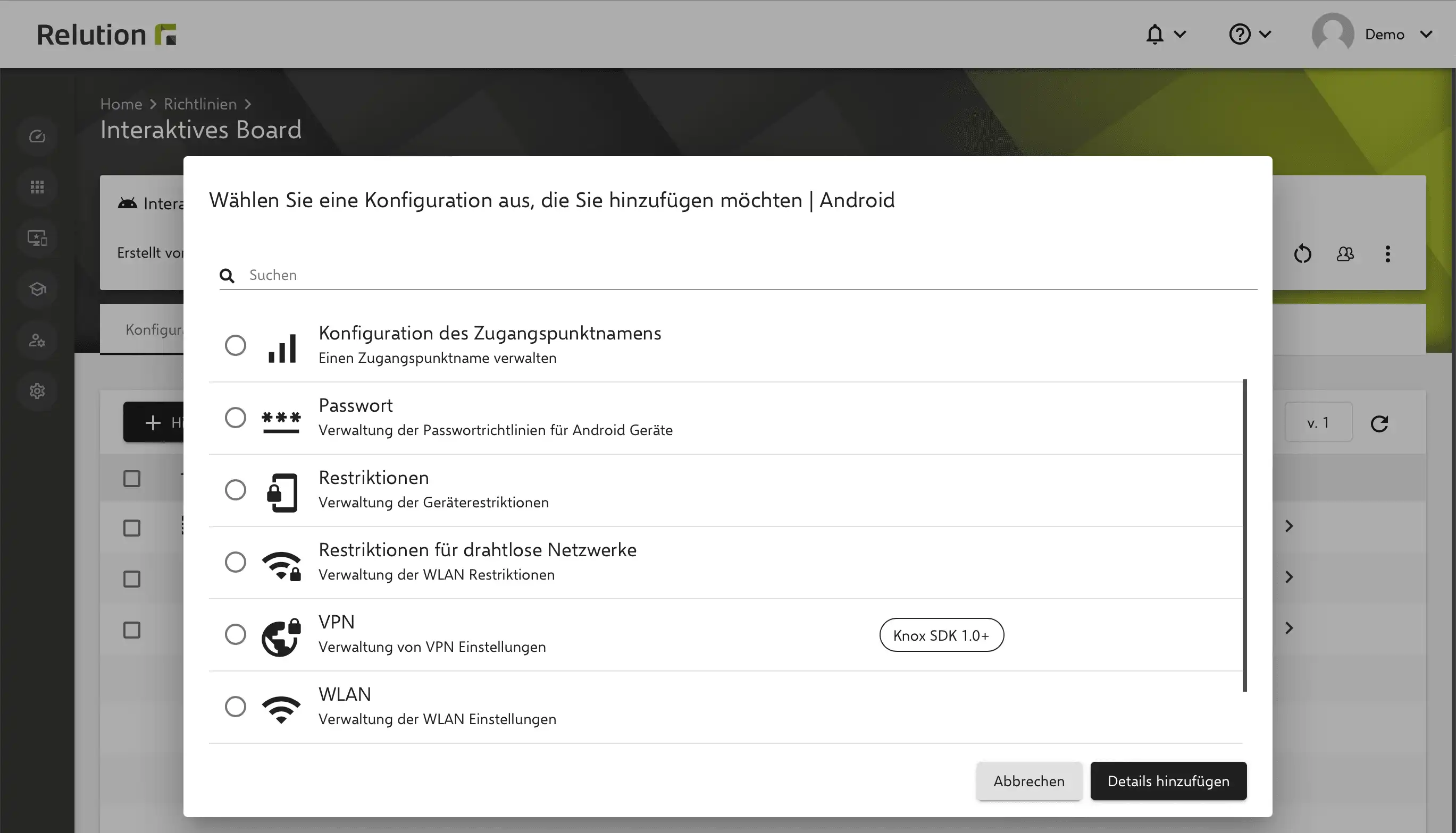 Konfigurationsoptionen für Interaktive Whiteboards in Relution, wie Schul-WLAN und gerätespezifische Einstellungen
