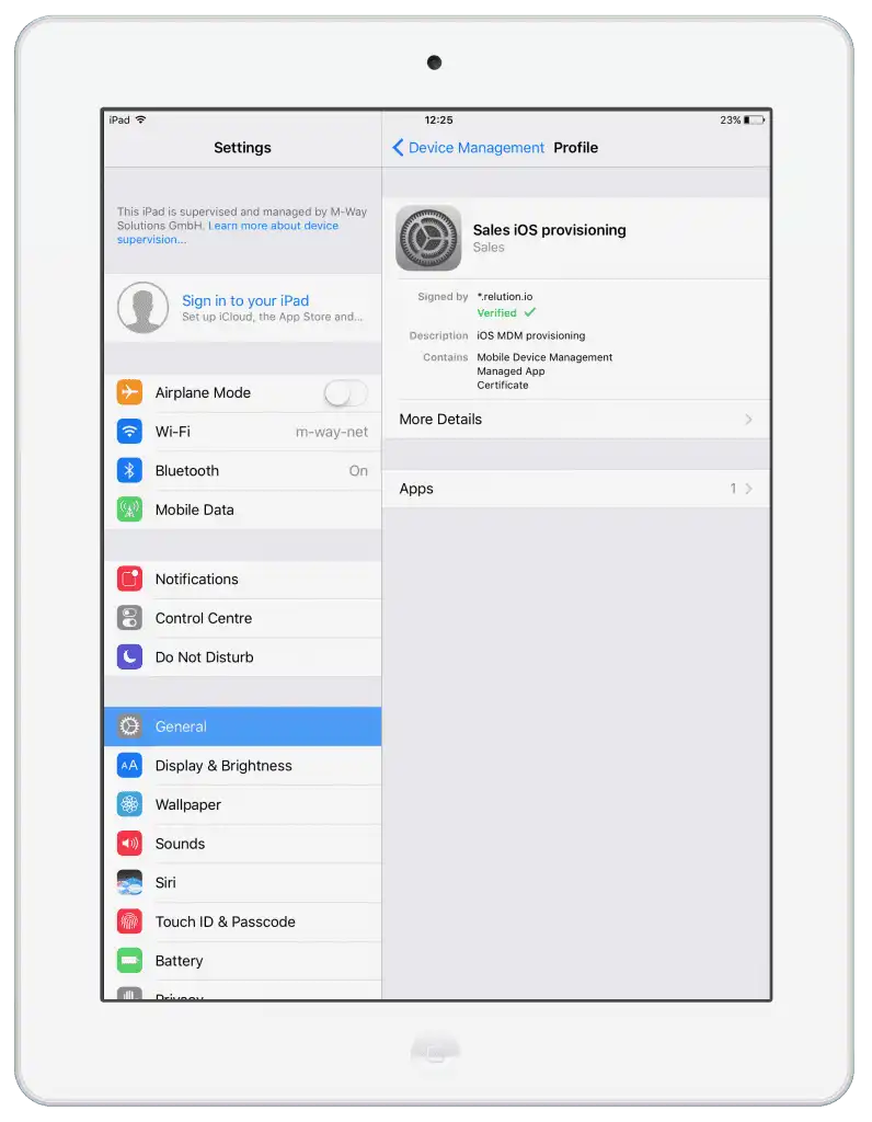 Bir MDM'ye kayıtlı denetimli bir iOS cihazının, cihaz ekranında açık olan yapılandırma seçenekleriyle ayarları