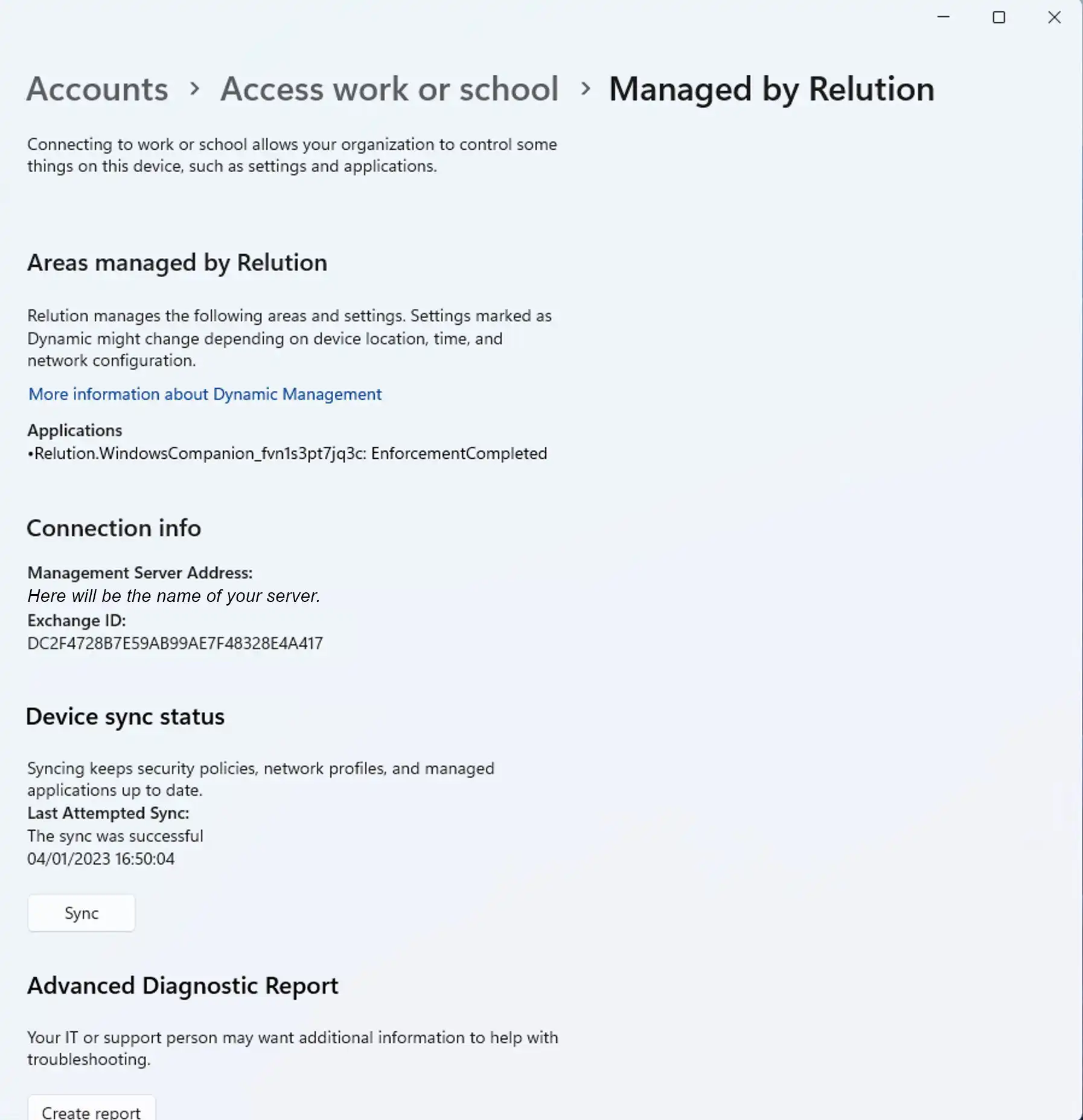 Visualización en un dispositivo Windows bajo « Configuración » que muestra la inscripción en Relution como « Conectado a Relution », con el submenú « Información » que indica la instalación exitosa de Relution Companion para Windows