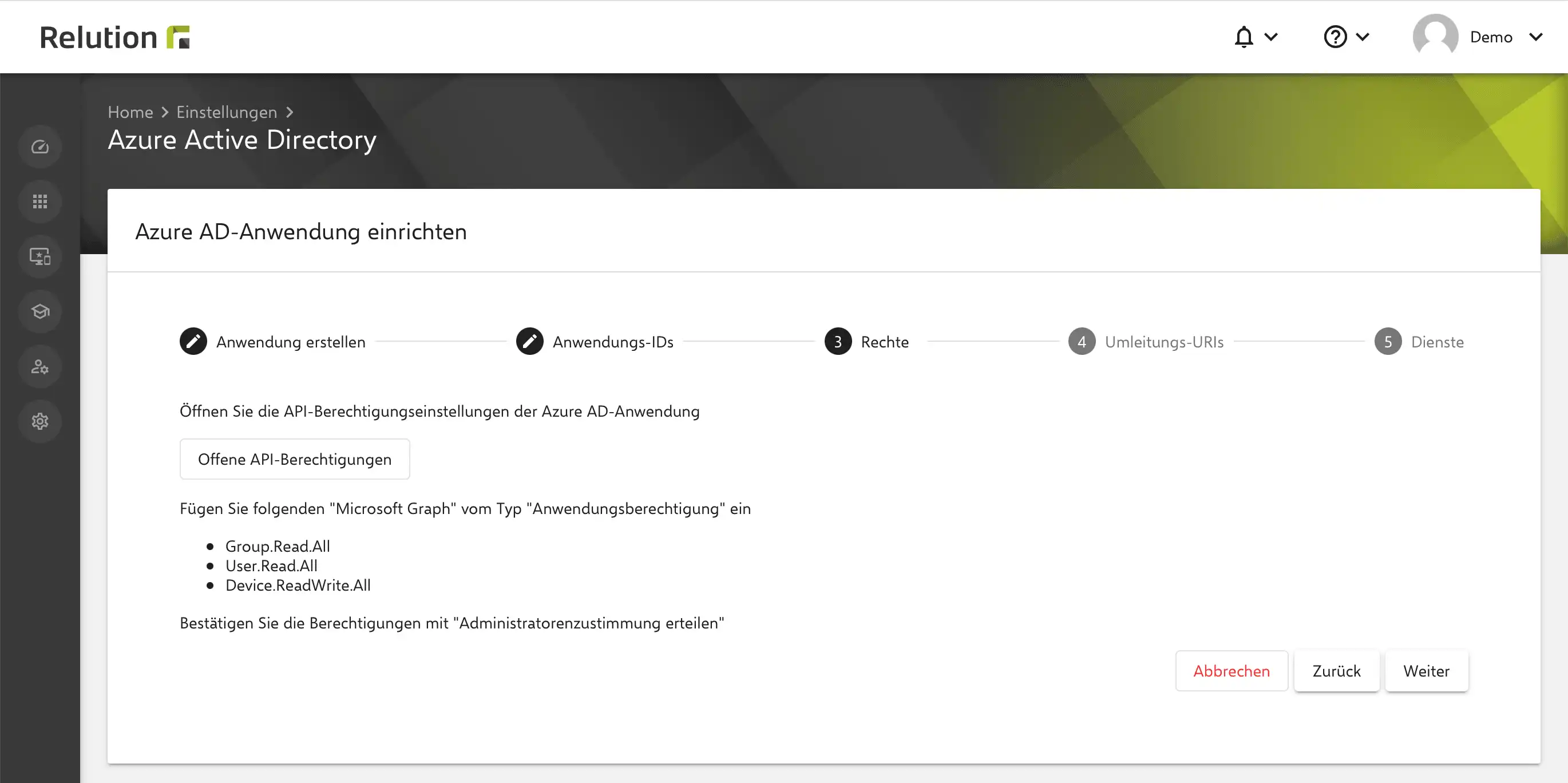 Einstellungsbereich in Relution zur Konfiguration von API-Berechtigungen gemäß Schritt 3 der Anleitung