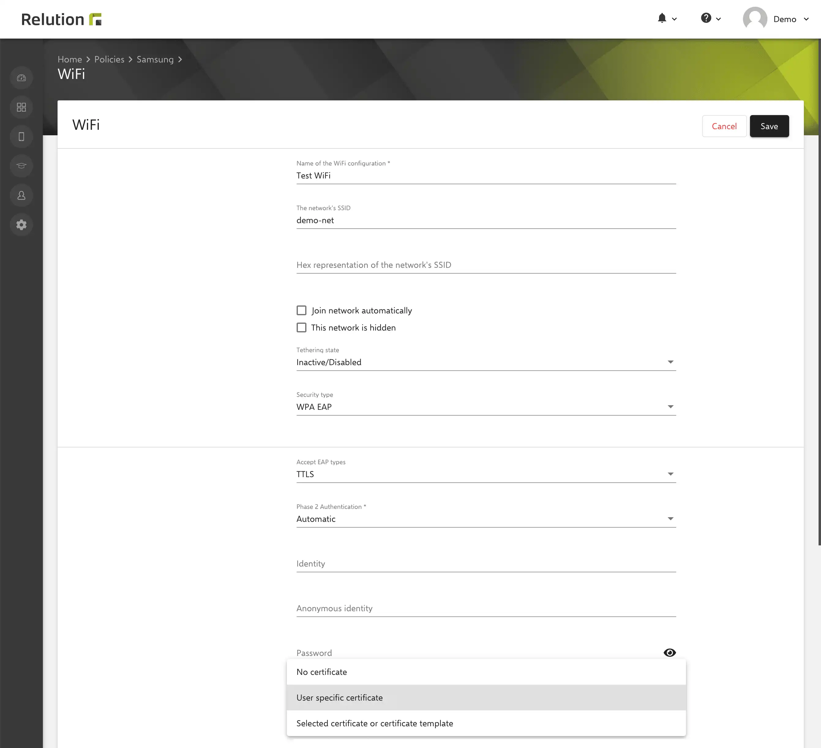Pantalla de configuración en Relution para WiFi de Android Enterprise que muestra opciones para certificados basados en el usuario y plantillas PKI