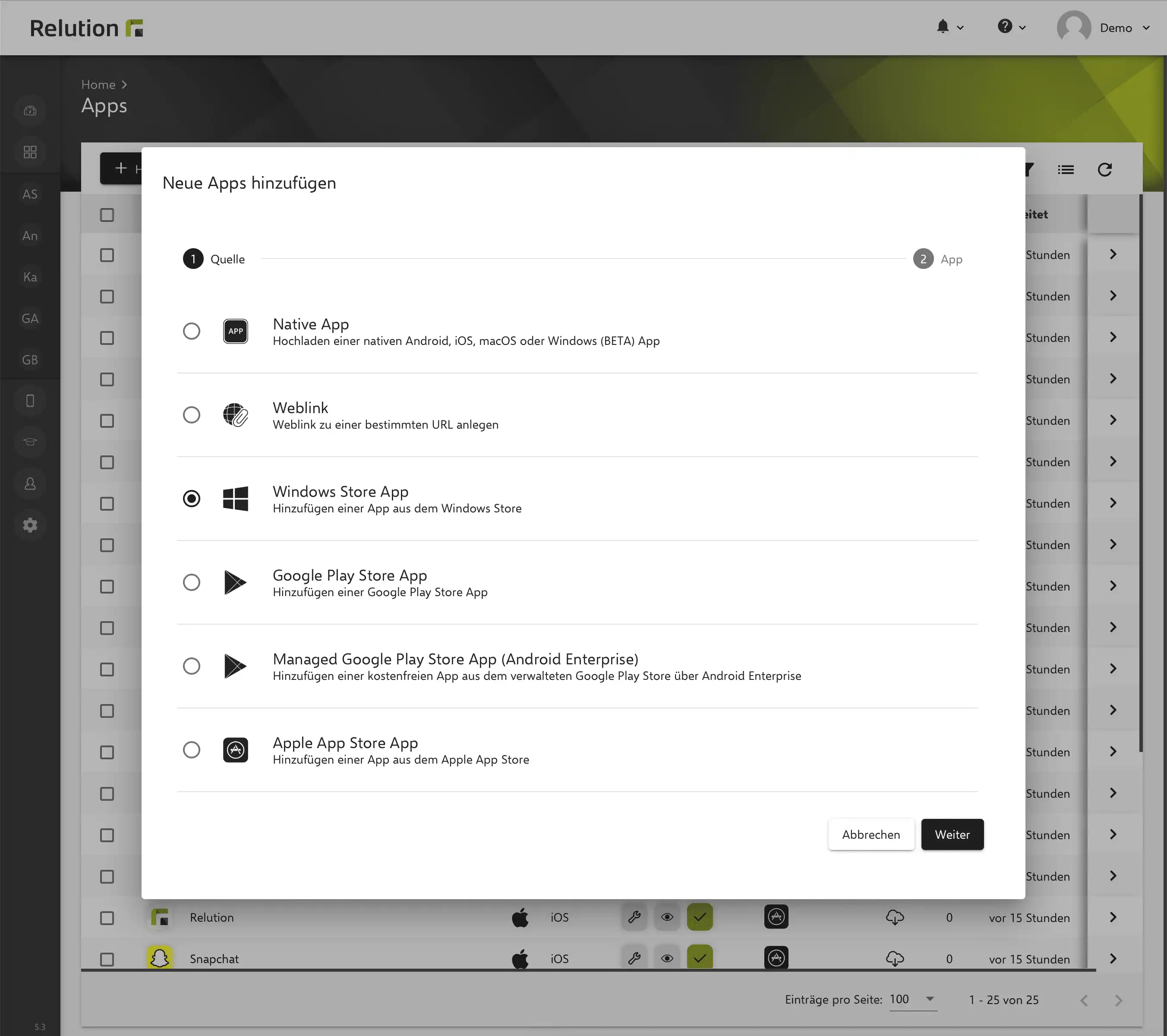 Bereich „Neue Apps hinzufügen“ in Relution mit Auswahl der Windows Store App als Importquelle